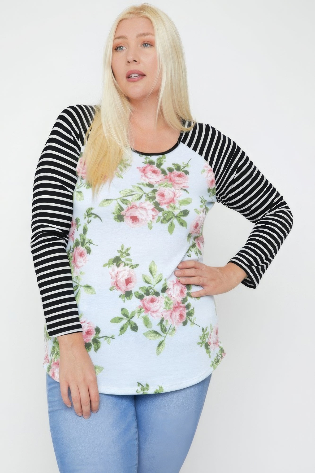 Floral Top Featuring Raglan Style Striped Sleeves And A Round Neck product image