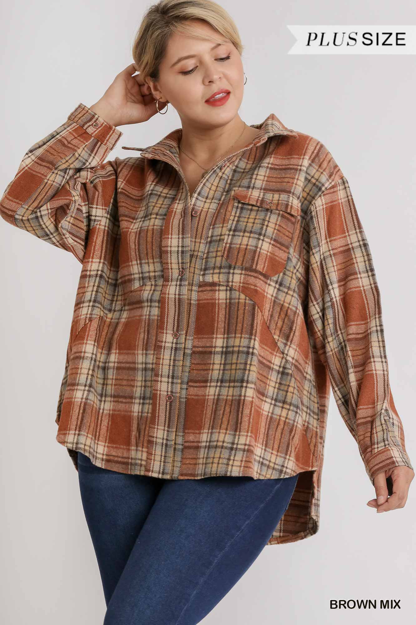 Plaid Collar Button Down Overshirt With Front Pockets product image