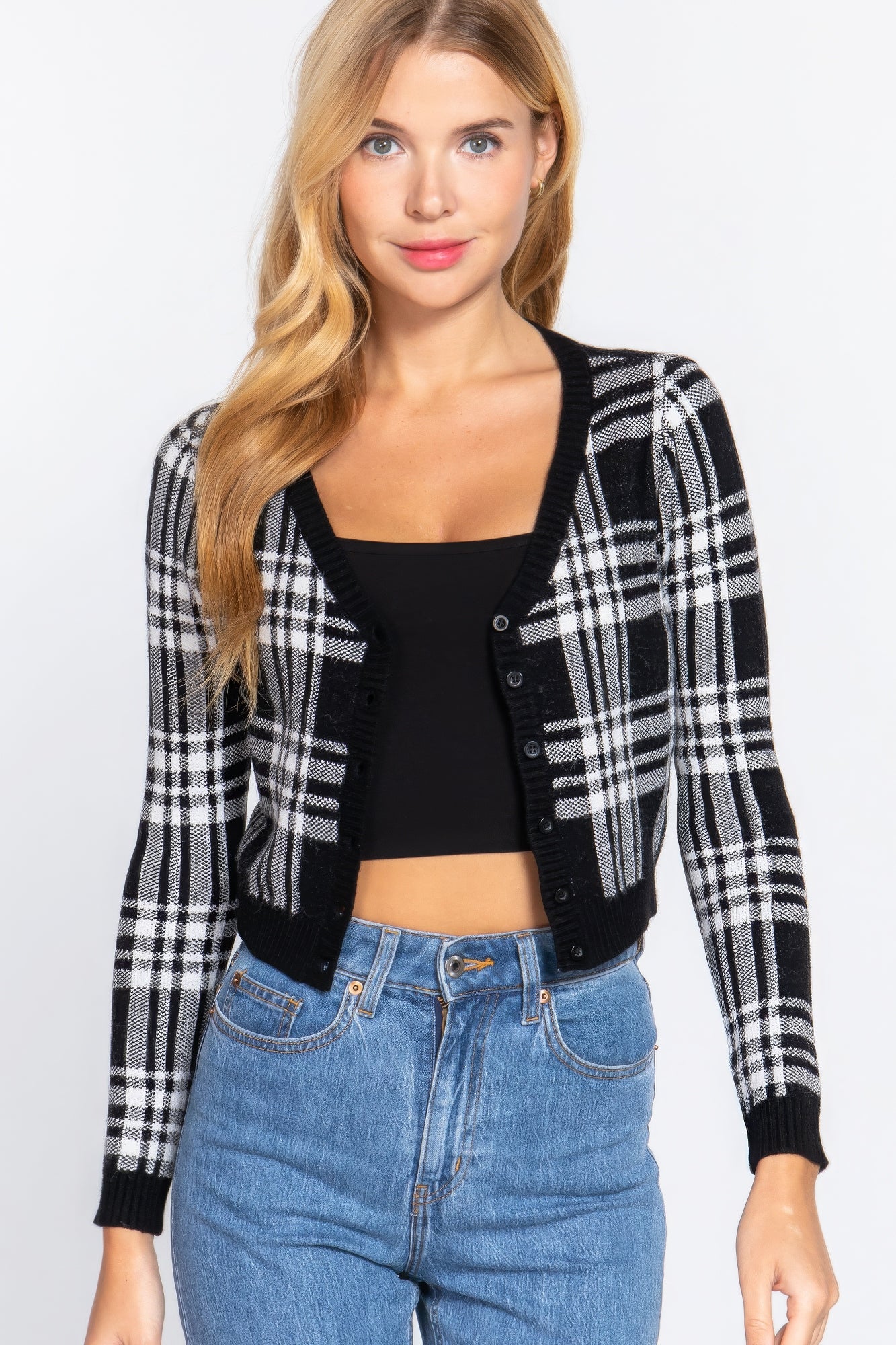 Long Sleeve V-neck Fitted Button Down Plaid Sweater Cardigan Long Sleeve V-neck Fitted Button Down Plaid Sweater Cardigan - TopFashionHQ