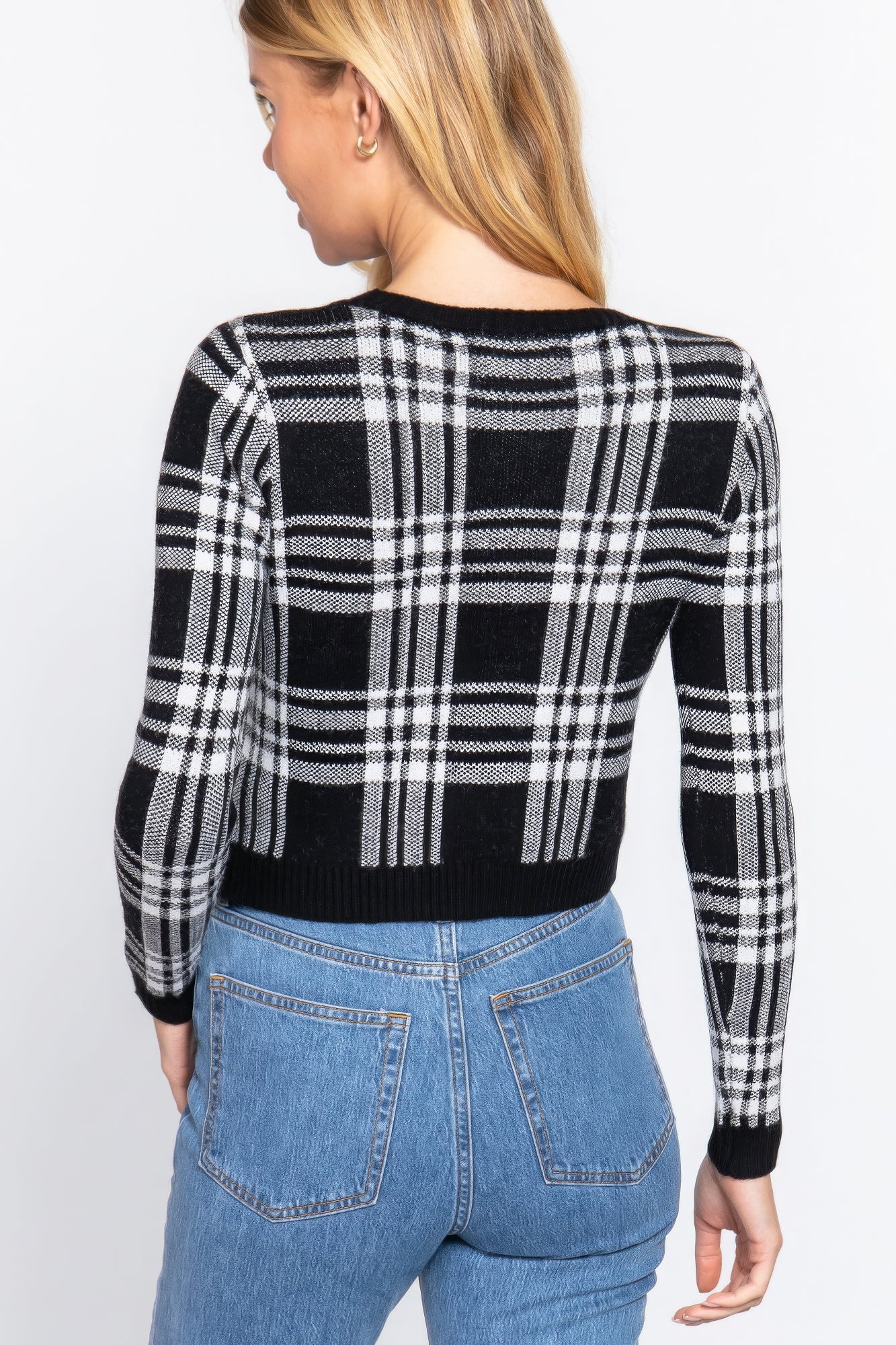 Long Sleeve V-neck Fitted Button Down Plaid Sweater Cardigan Long Sleeve V-neck Fitted Button Down Plaid Sweater Cardigan - TopFashionHQ