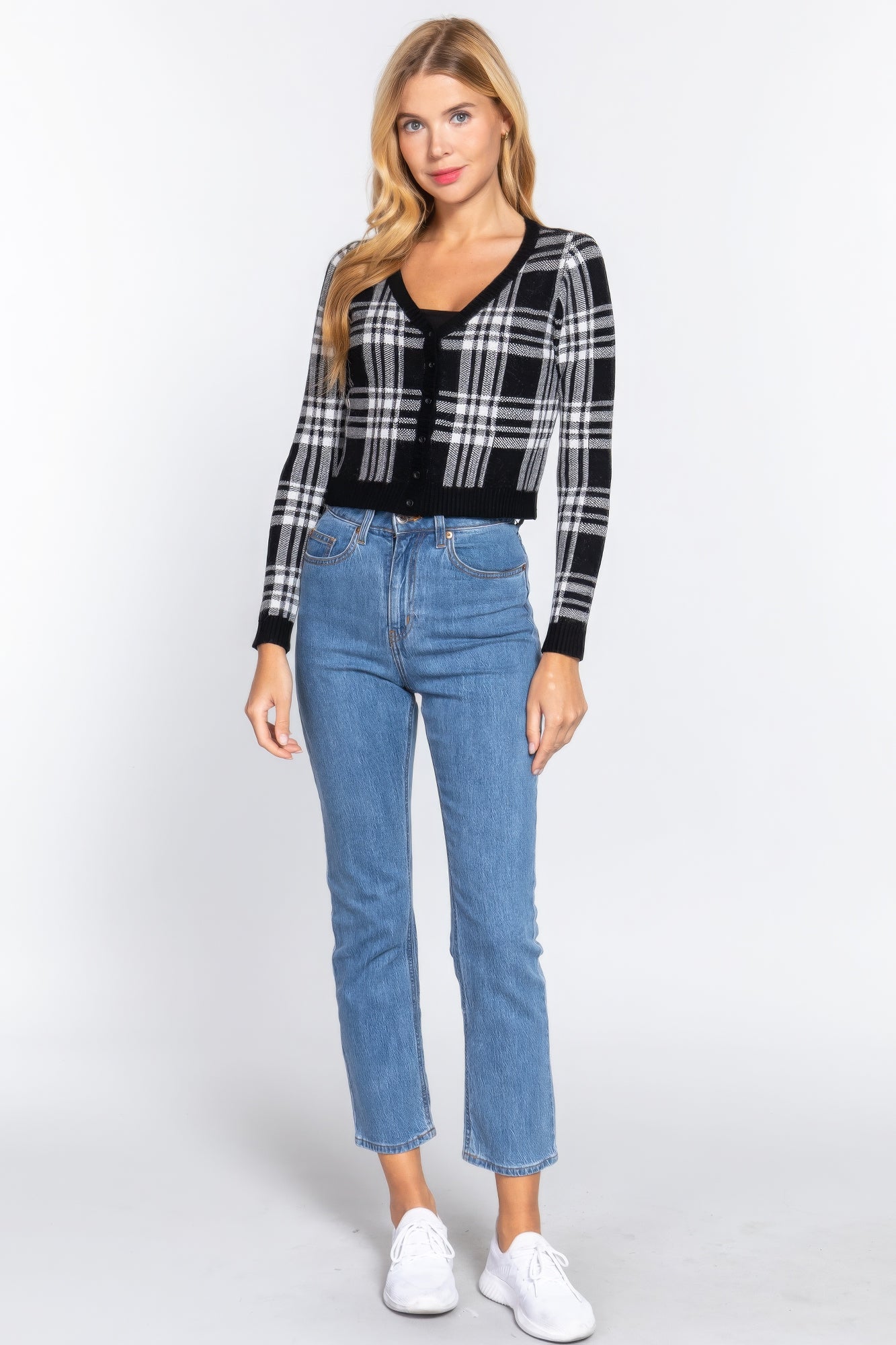 Long Sleeve V-neck Fitted Button Down Plaid Sweater Cardigan Long Sleeve V-neck Fitted Button Down Plaid Sweater Cardigan - TopFashionHQ