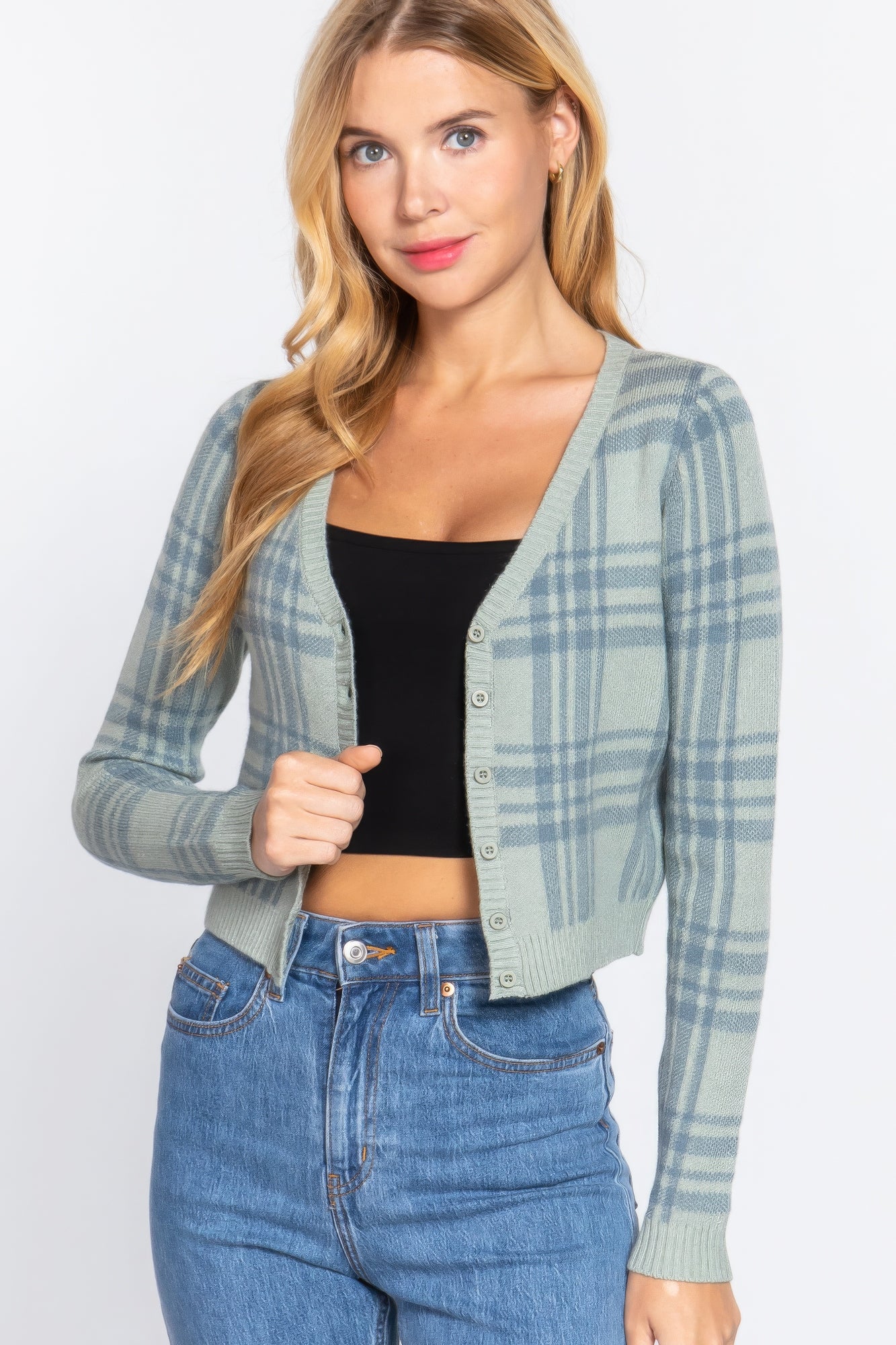 Long Sleeve V-neck Fitted Button Down Plaid Sweater Cardigan Long Sleeve V-neck Fitted Button Down Plaid Sweater Cardigan - TopFashionHQ
