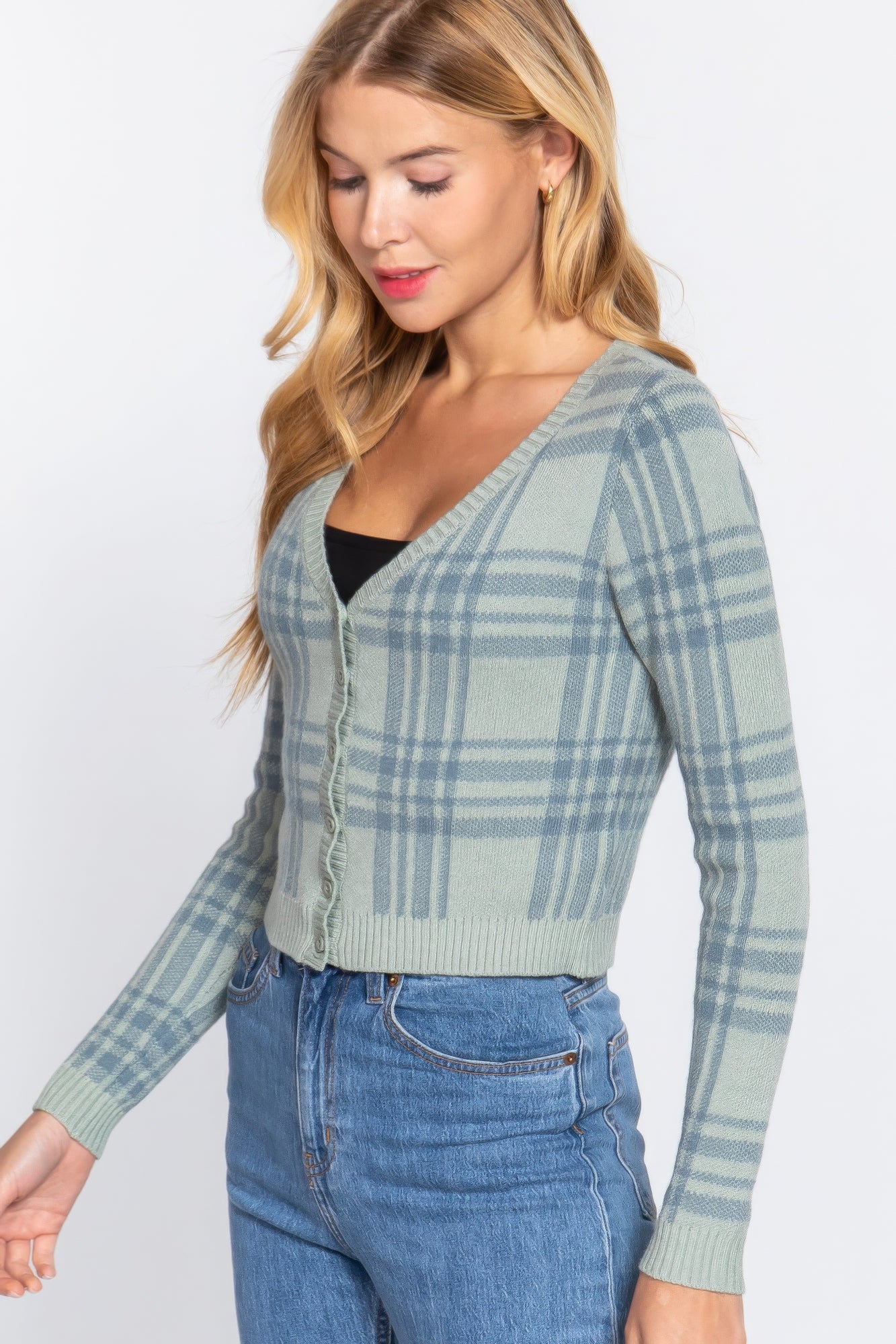 Long Sleeve V-neck Fitted Button Down Plaid Sweater Cardigan Long Sleeve V-neck Fitted Button Down Plaid Sweater Cardigan - TopFashionHQ