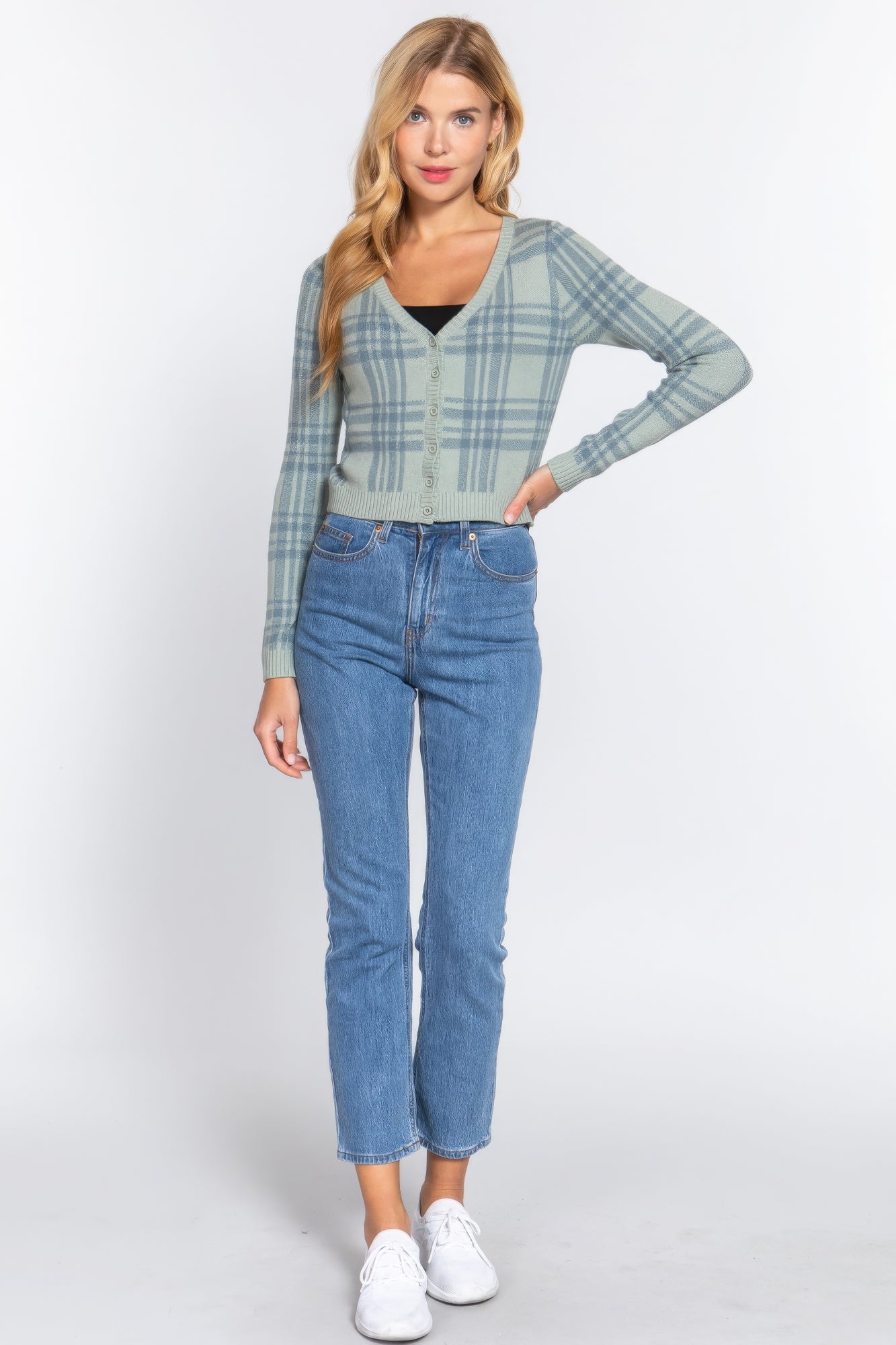 Long Sleeve V-neck Fitted Button Down Plaid Sweater Cardigan Long Sleeve V-neck Fitted Button Down Plaid Sweater Cardigan - TopFashionHQ