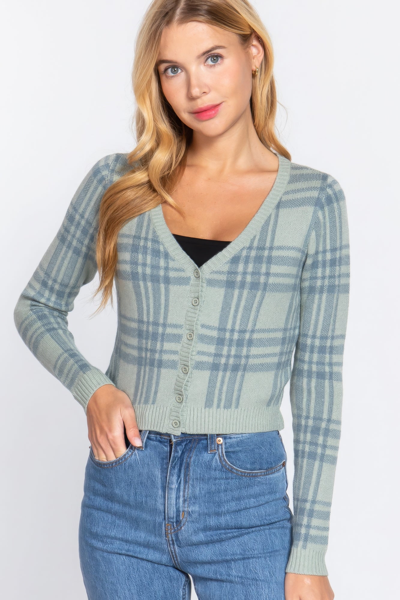 Long Sleeve V-neck Fitted Button Down Plaid Sweater Cardigan Long Sleeve V-neck Fitted Button Down Plaid Sweater Cardigan - TopFashionHQ