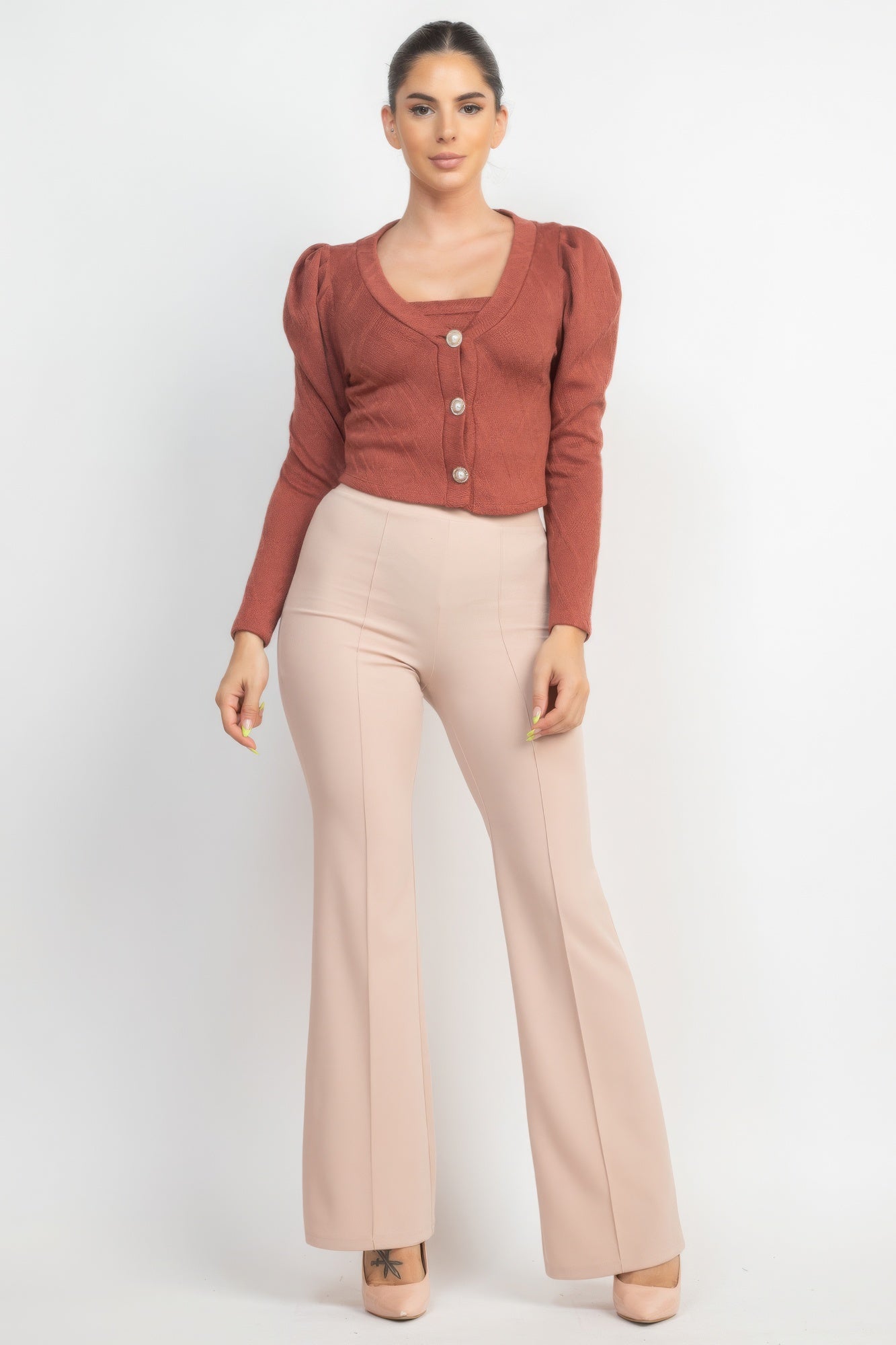 Geometric Cami Puff Sleeves Blazer Top Set product image