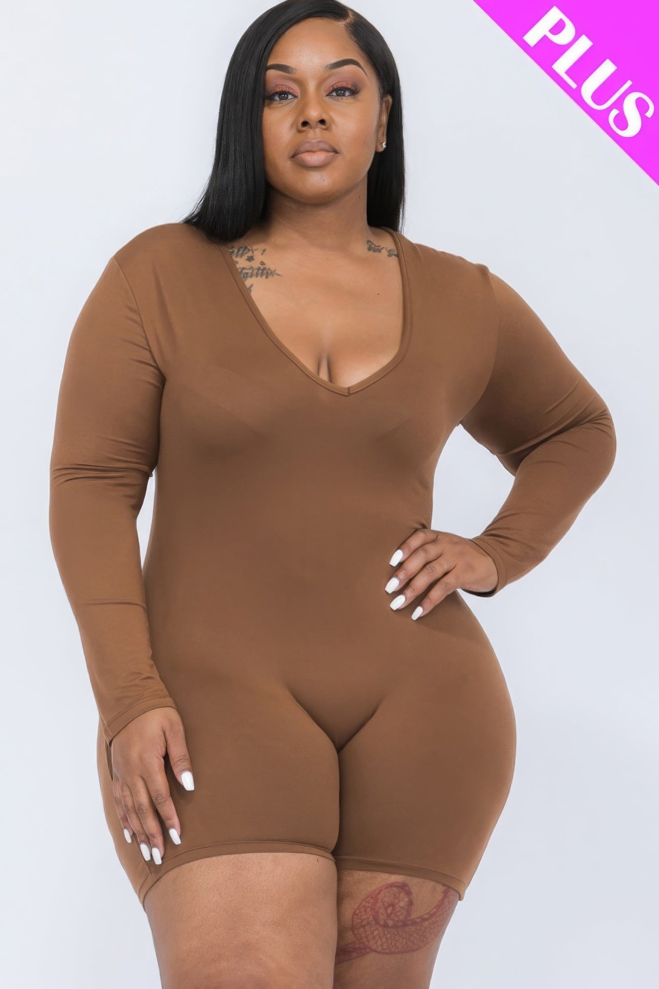 Plus V-neck Long Sleeve Bodycon Romper product image