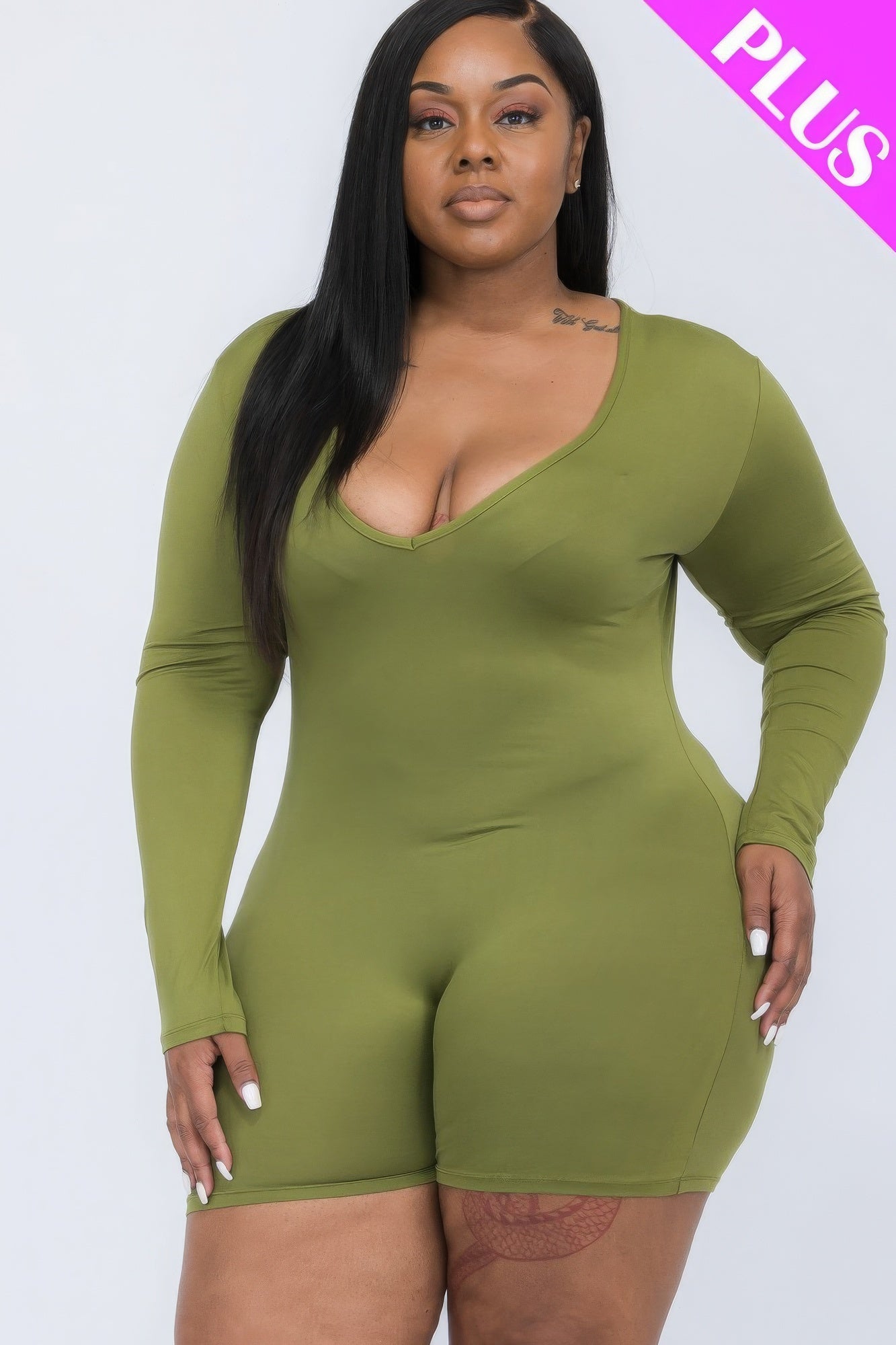 Plus V-neck Long Sleeve Bodycon Romper product image