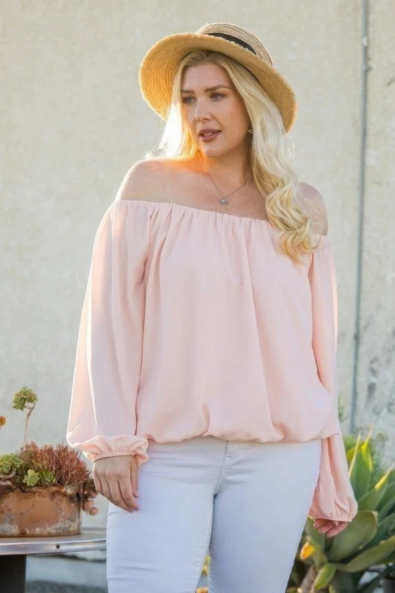 Off Shoulder Long Bubble Sleeve Solid Top product image