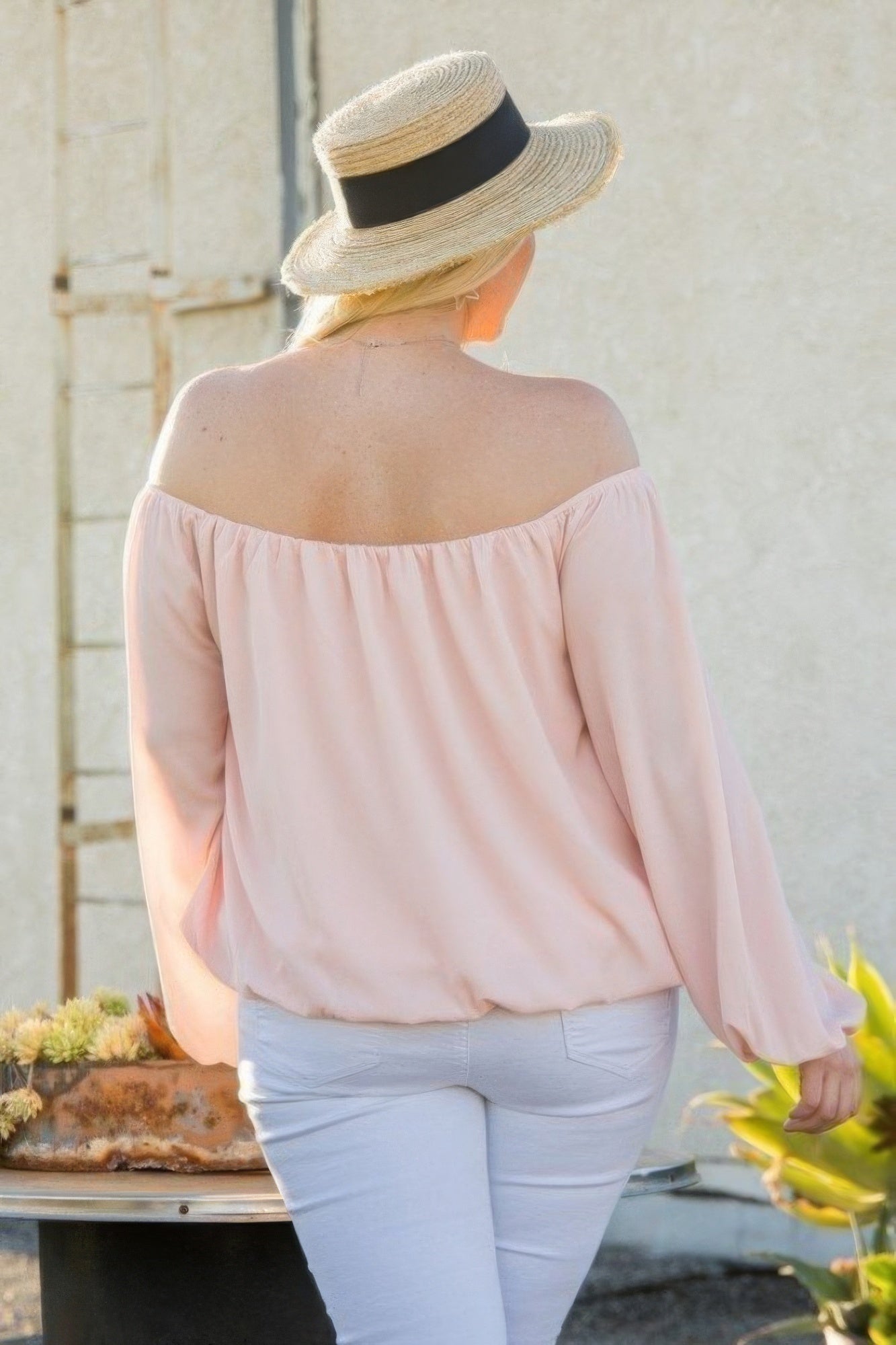 Off Shoulder Long Bubble Sleeve Solid Top product image