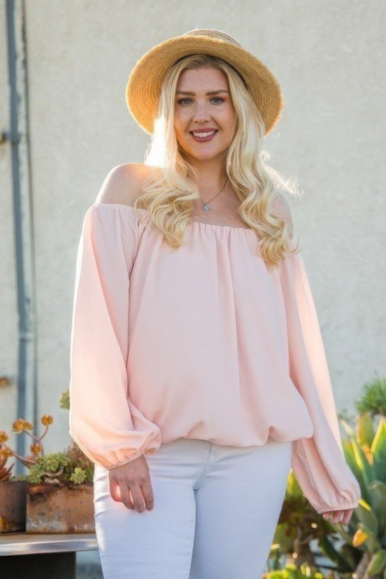 Off Shoulder Long Bubble Sleeve Solid Top product image