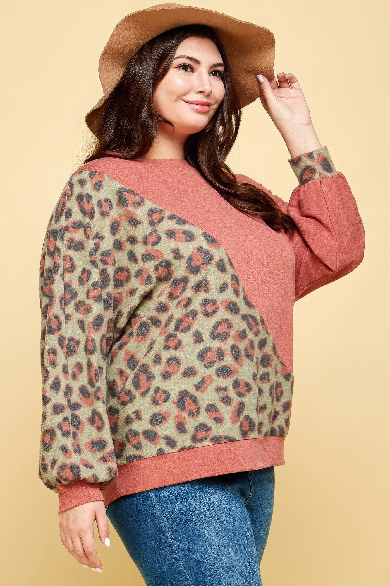 Plus Size Cute Animal French Terry Brush Contrast Print Pullover product image