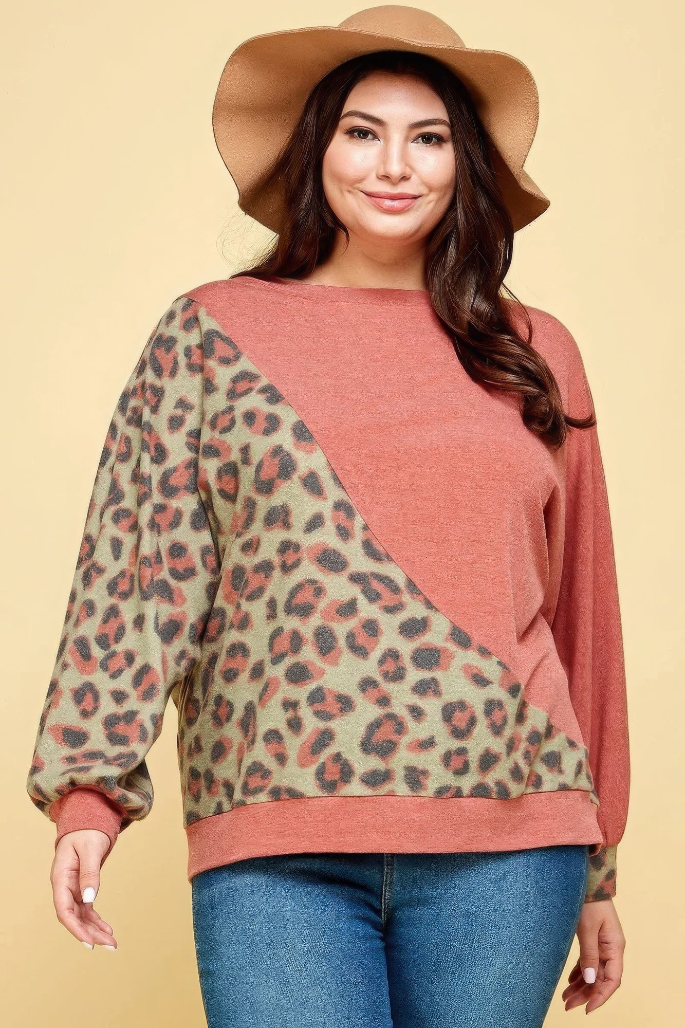 Plus Size Cute Animal French Terry Brush Contrast Print Pullover product image
