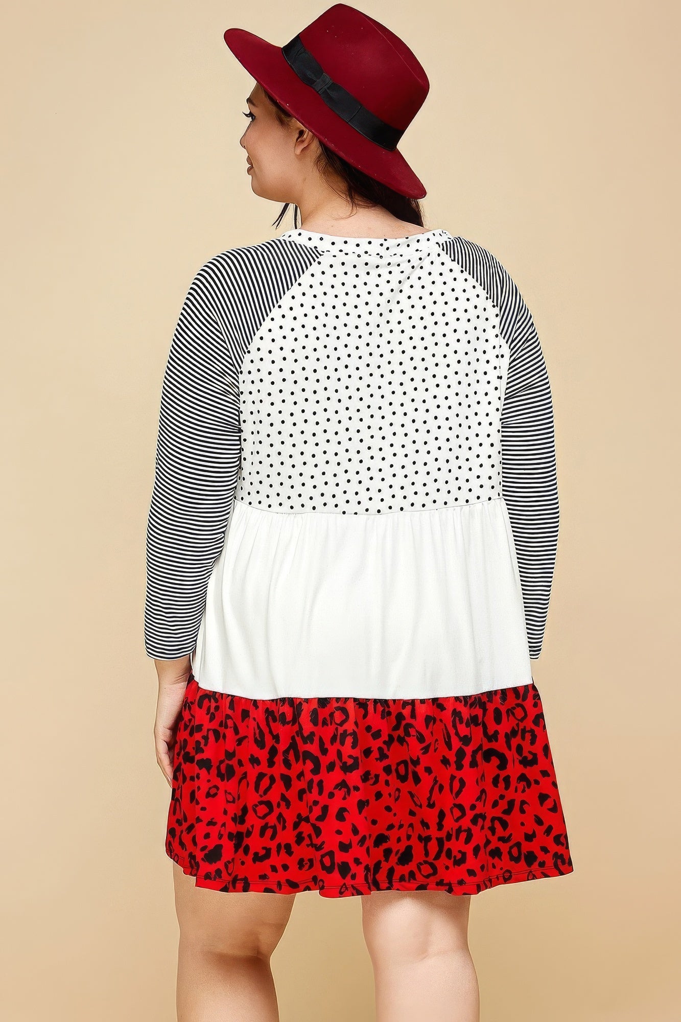 Plus Size Cute Polka Dot And Animal Print Contrast Swing Tiered Dress product image