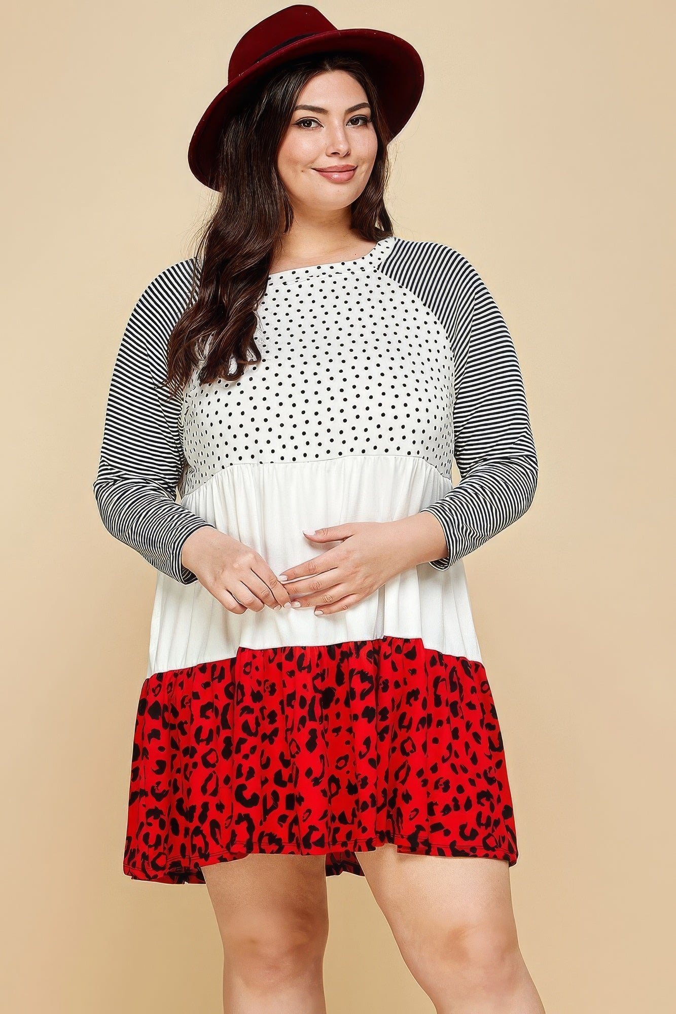 Plus Size Cute Polka Dot And Animal Print Contrast Swing Tiered Dress product image