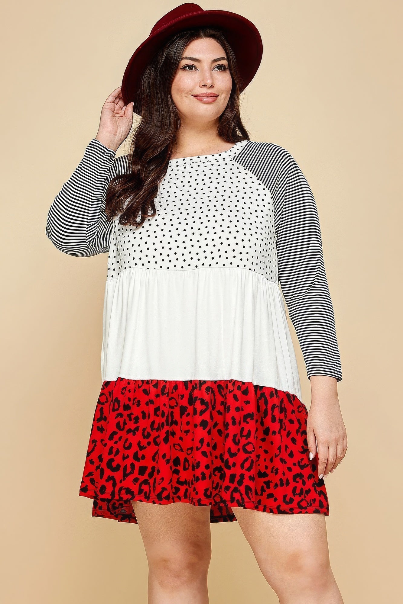 Plus Size Cute Polka Dot And Animal Print Contrast Swing Tiered Dress product image