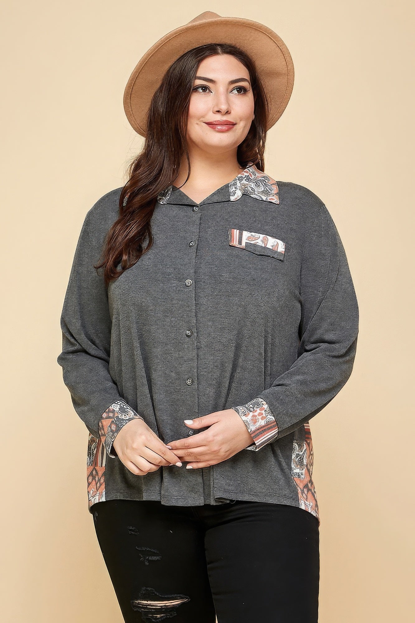 Plus Size Printed Patchwork Contrast Button Up Shirt product image