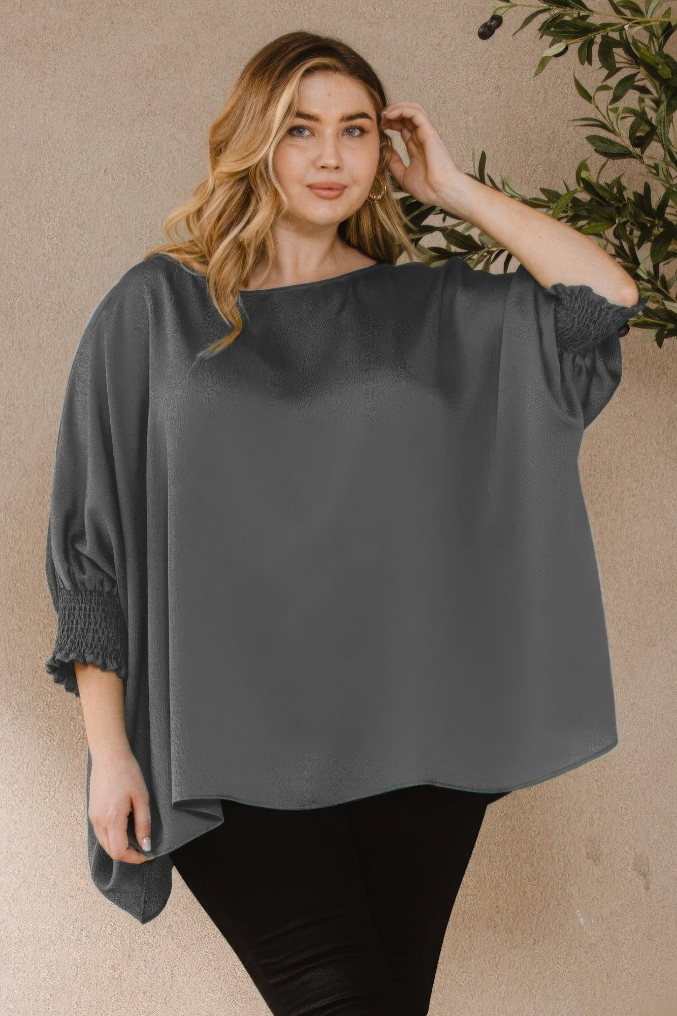 Ember Jacquard Solid Woven Oversized Boatneck 3/4 Sleeve Blouse product image
