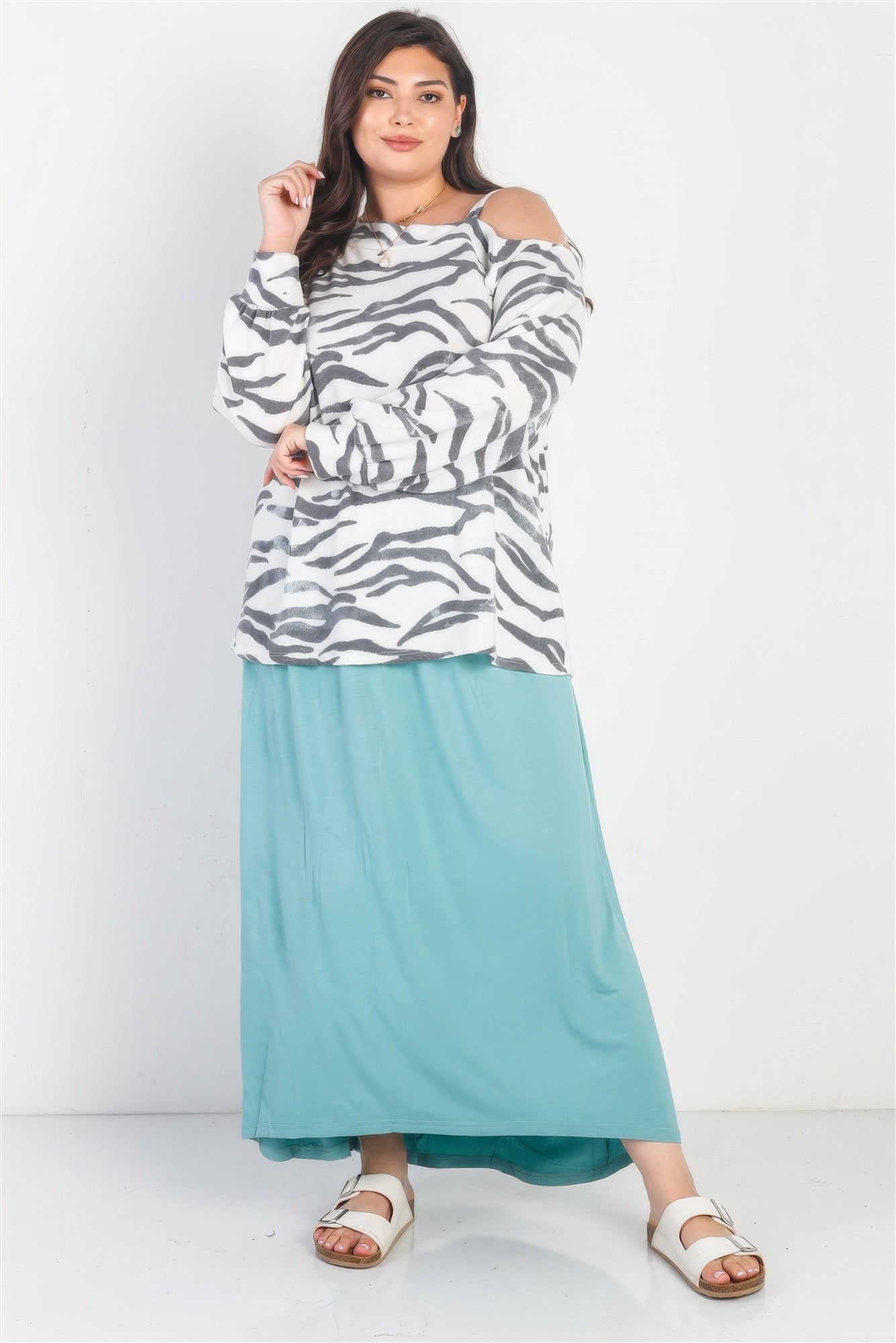 Plus White & Charcoal Zebra Flannel Cold Shoulder Long Sleeve Top product image