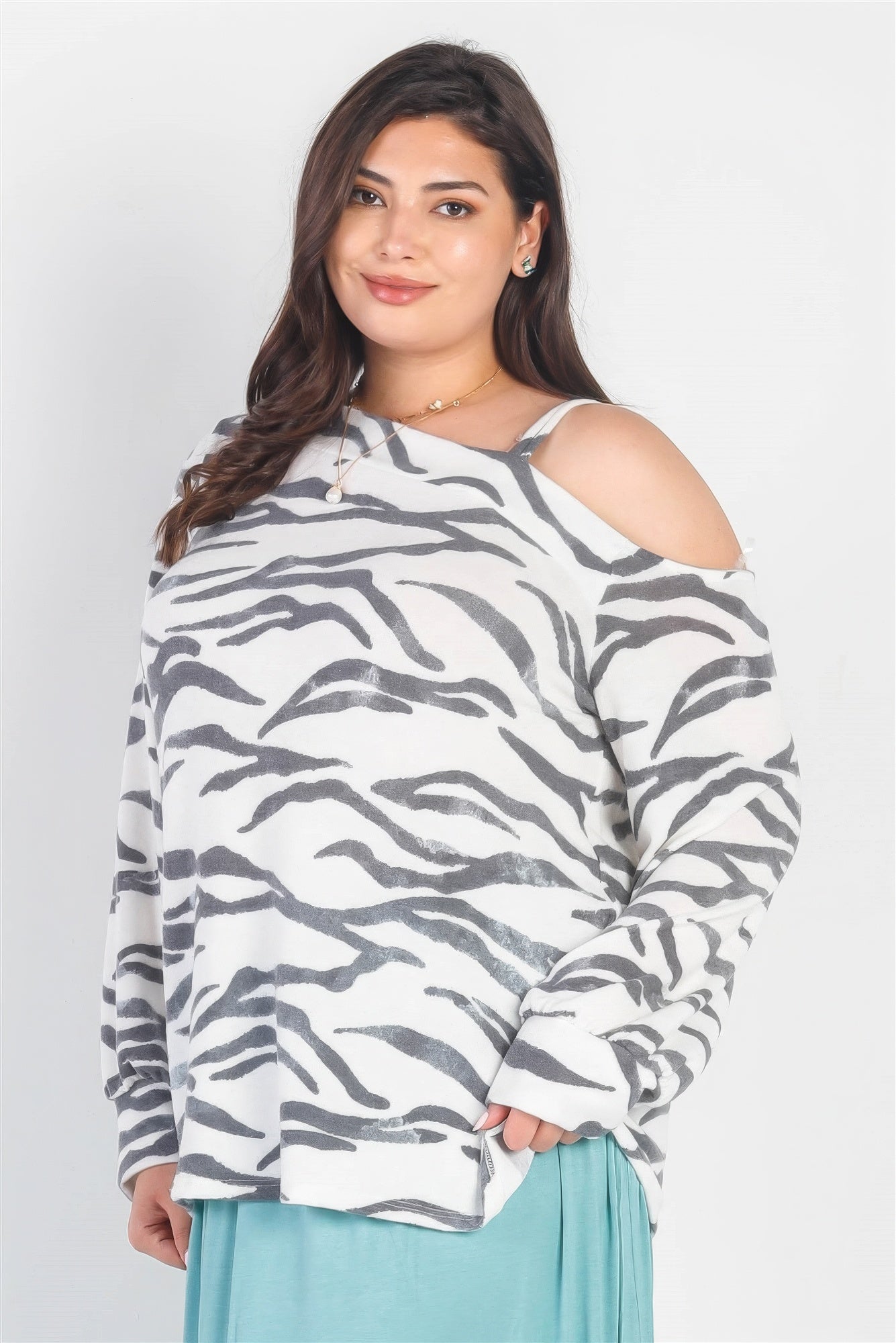 Plus White & Charcoal Zebra Flannel Cold Shoulder Long Sleeve Top product image