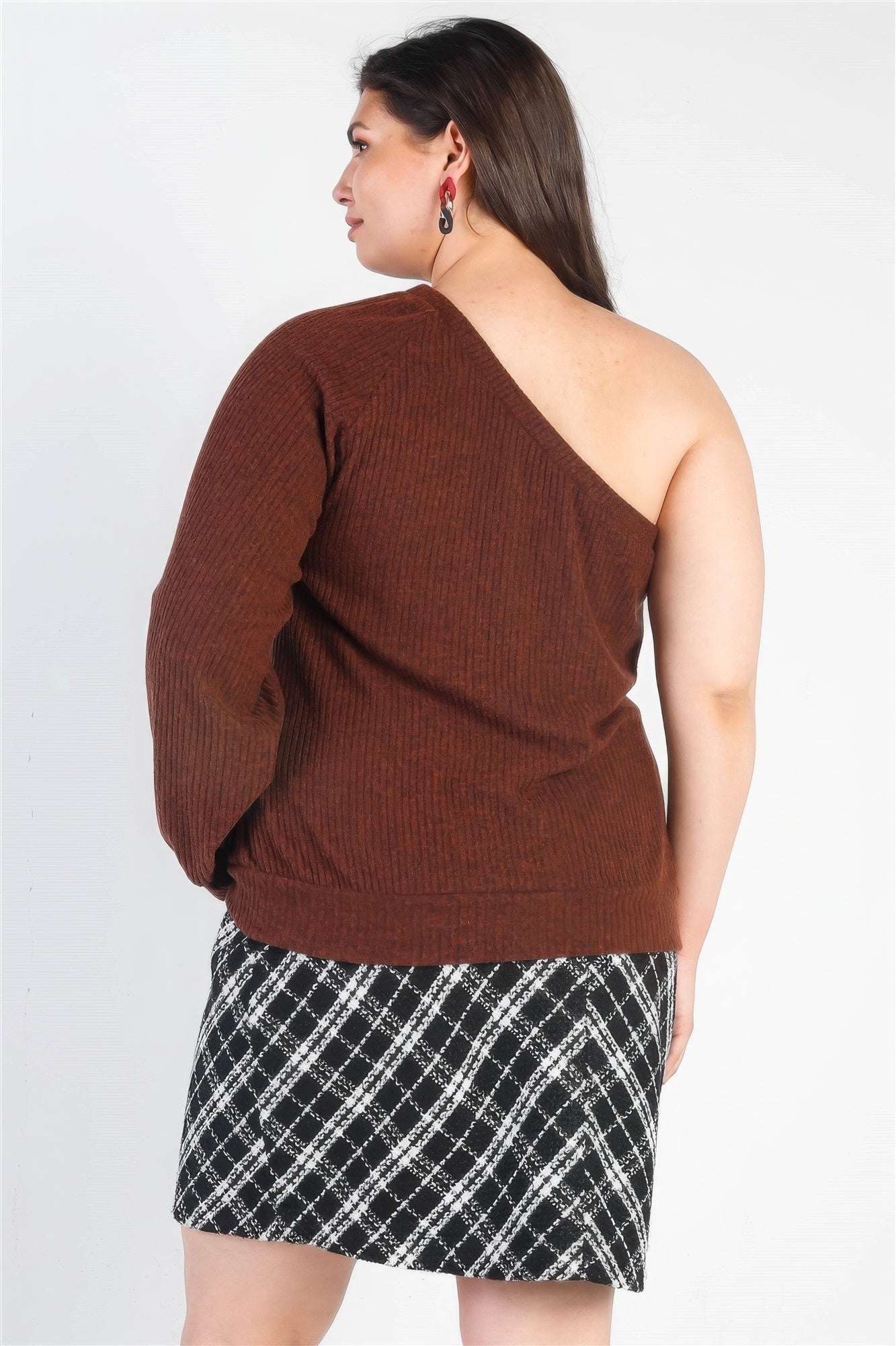 Plus Brown Ribbed Textured One Shoulder Top product image