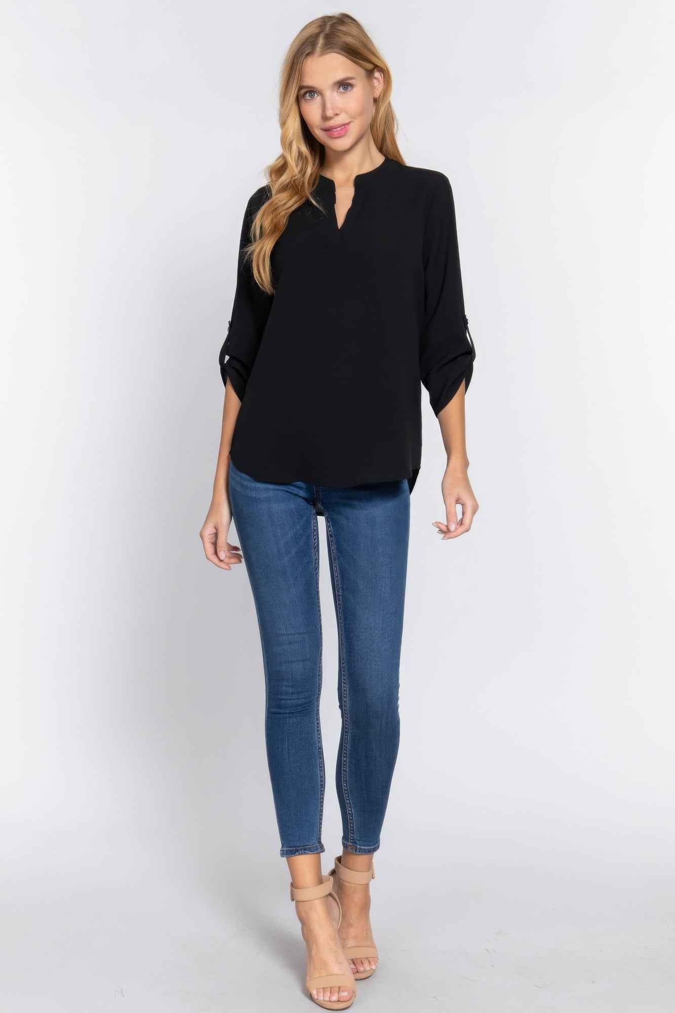 3/4 Roll Up Slv Woven Blouse 3/4 Roll Up Slv Woven Blouse