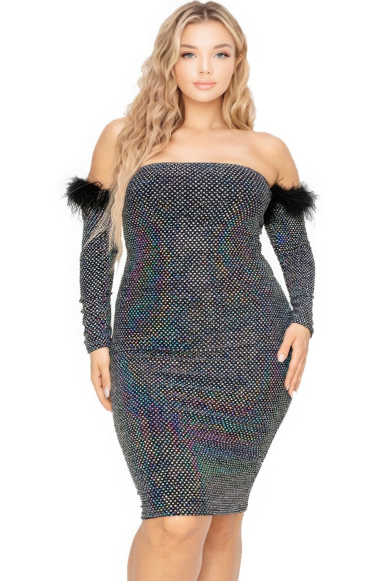 Plus Off Shoulder Feather Trim Detail Sequin Dress product image
