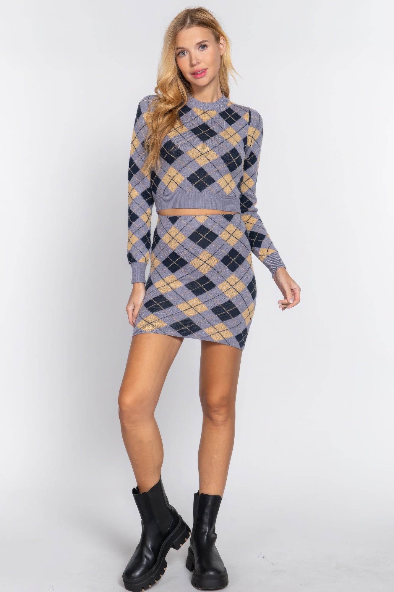 Argyle Jacquard Sweater Mini Skirt Argyle Jacquard Sweater Mini Skirt - TopFashionHQ