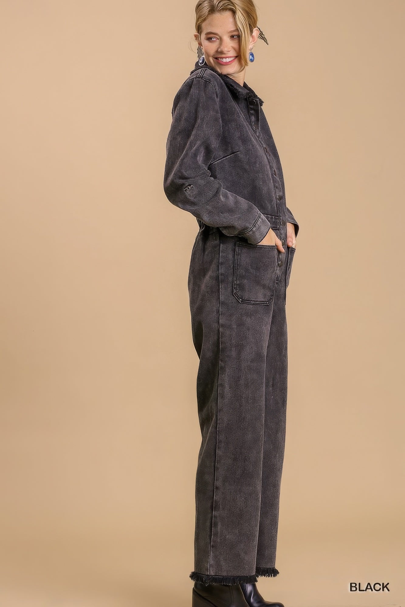 Mid button down stone wash wide leg distressed jumpsuit & side pockets with no lining product image