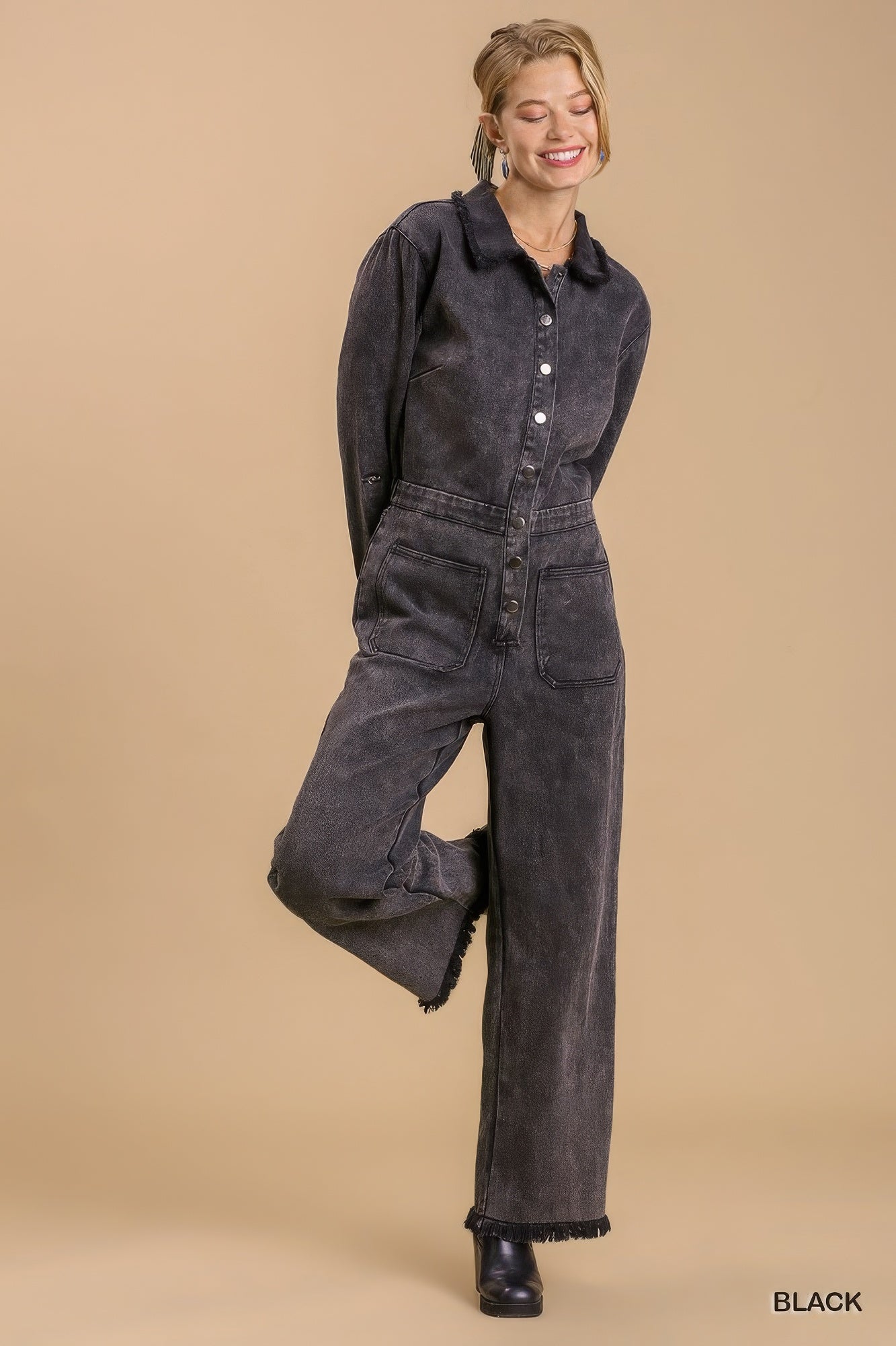 Mid button down stone wash wide leg distressed jumpsuit & side pockets with no lining product image