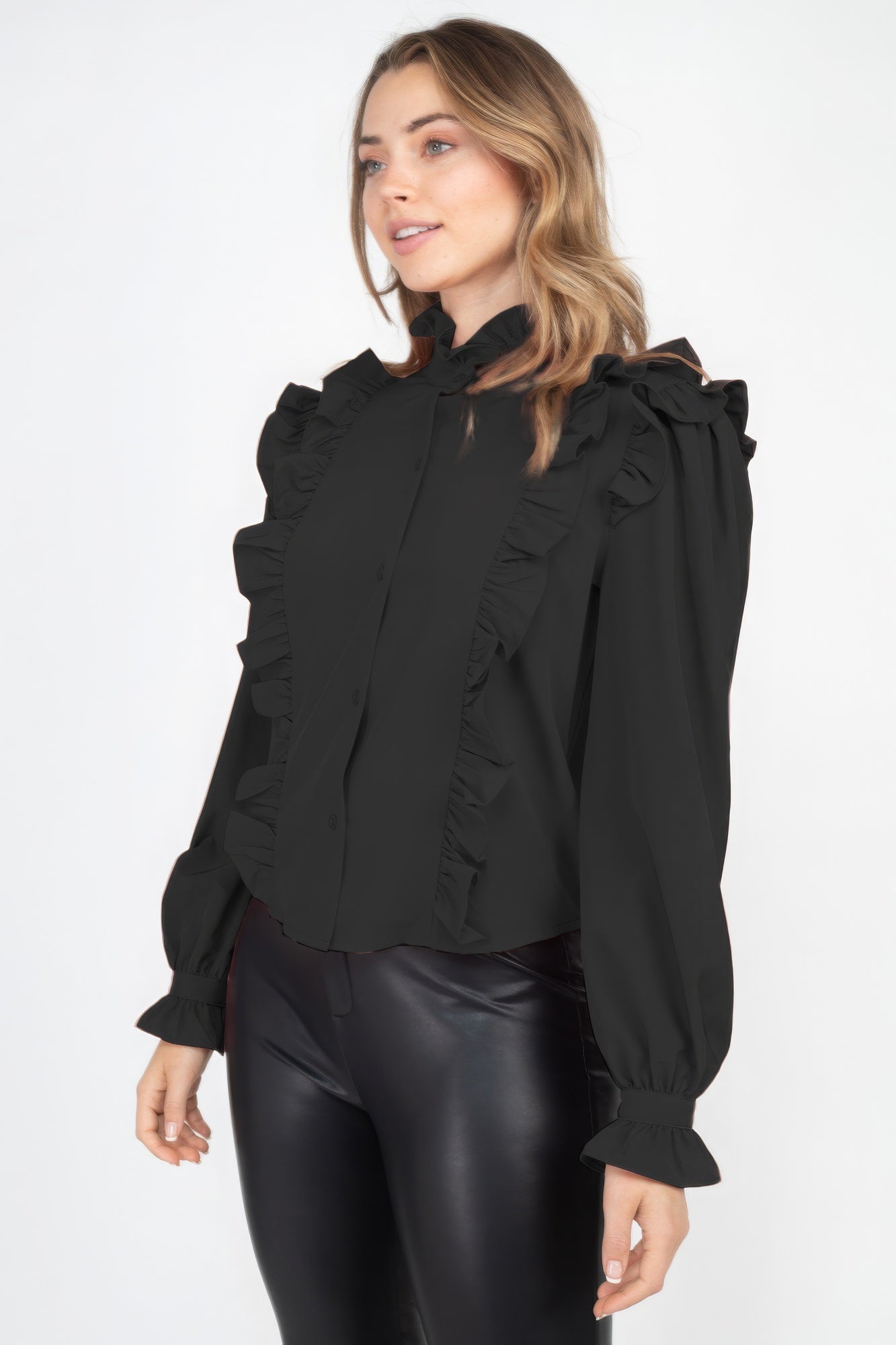 Mock Neck Ruffled Buttoned Top Mock Neck Ruffled Buttoned Top - TopFashionHQ