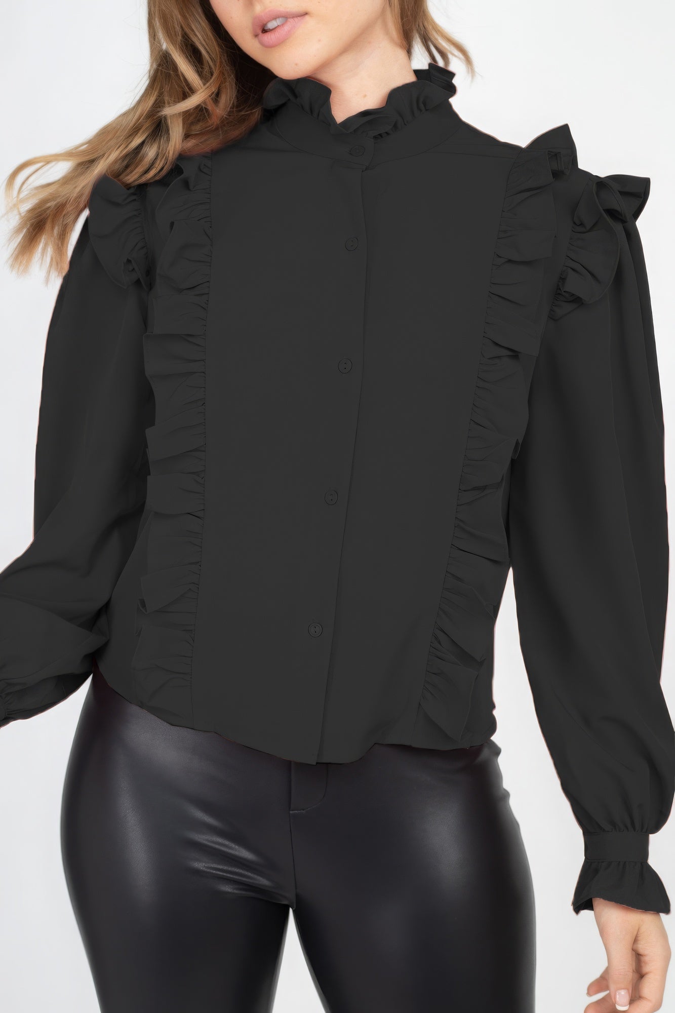 Mock Neck Ruffled Buttoned Top Mock Neck Ruffled Buttoned Top - TopFashionHQ