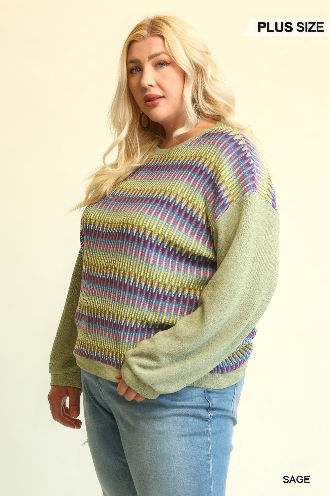 Novelty Knit And Solid Knit Mixed Loose Top With Drop Down Shoulder product image