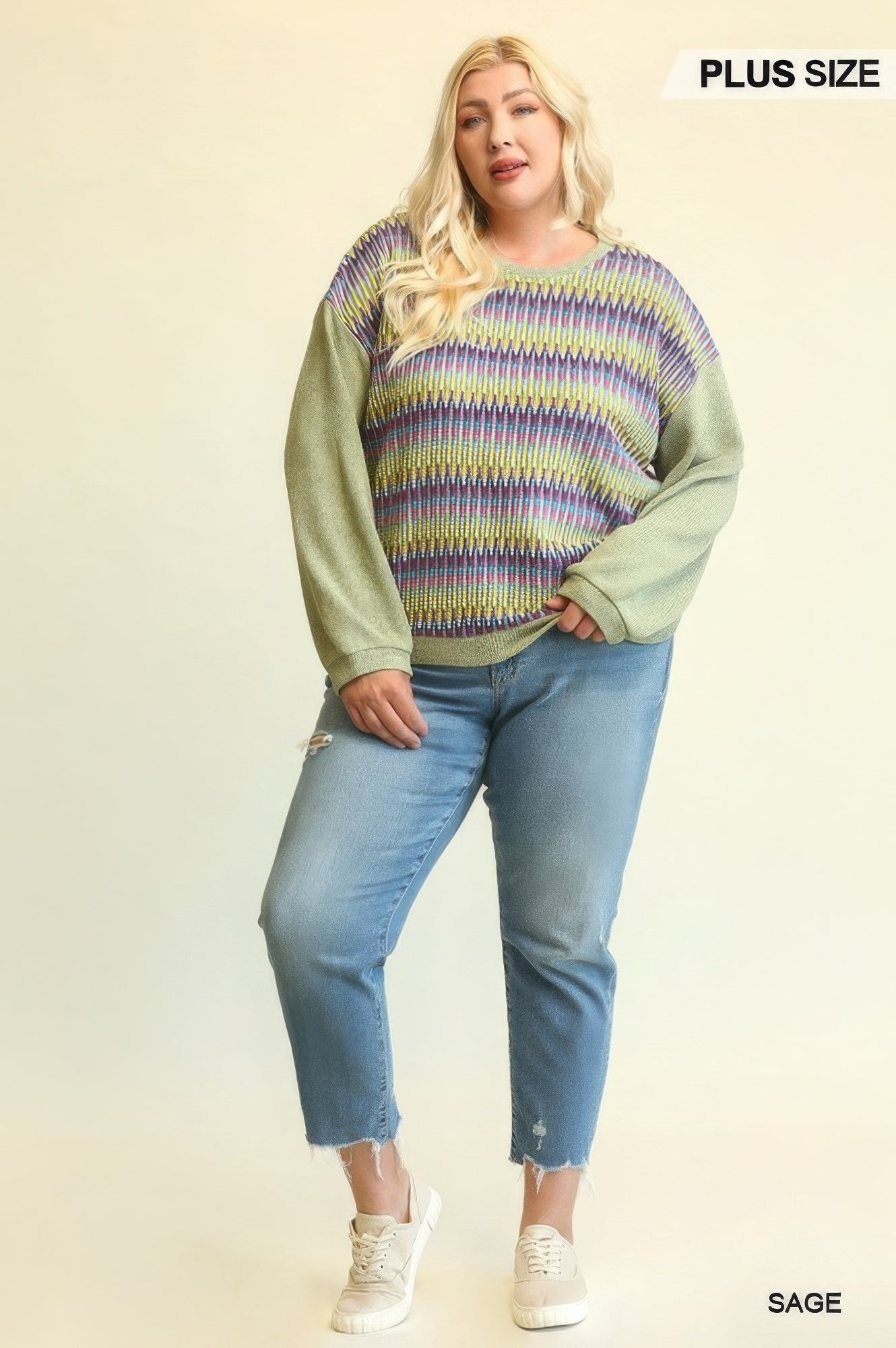 Novelty Knit And Solid Knit Mixed Loose Top With Drop Down Shoulder product image