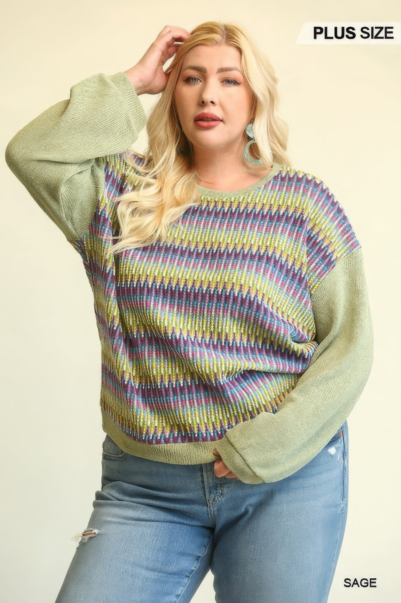 Novelty Knit And Solid Knit Mixed Loose Top With Drop Down Shoulder product image