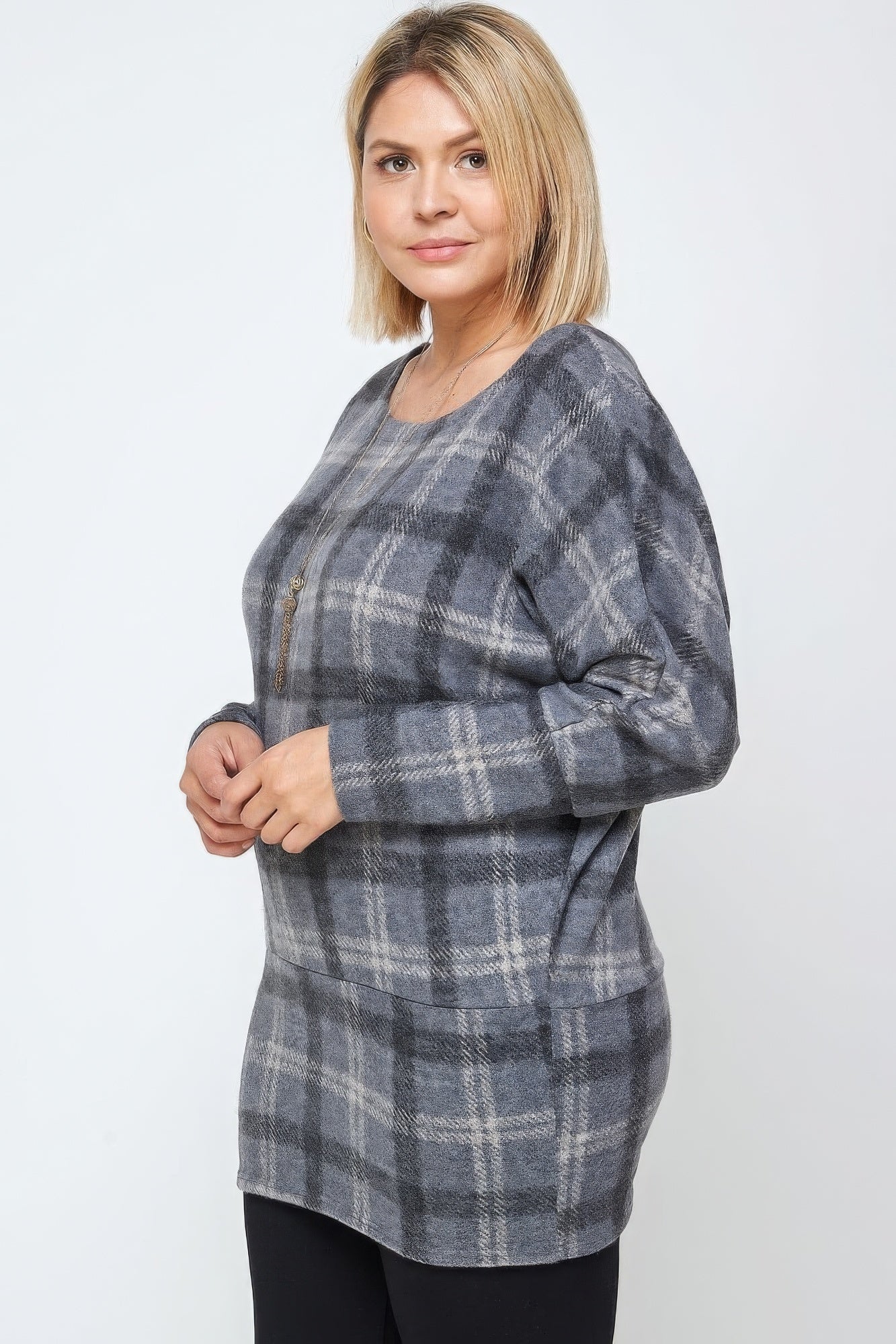 Boat Neck, Plaid Print Tunic Top, With Long Dolman Sleeves product image