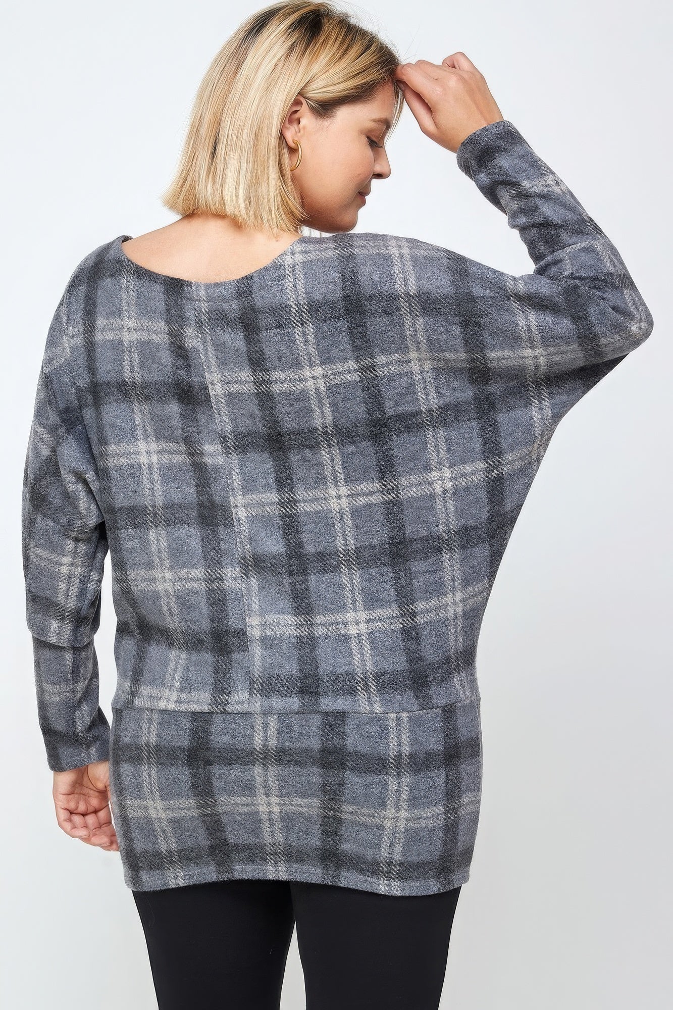 Boat Neck, Plaid Print Tunic Top, With Long Dolman Sleeves product image
