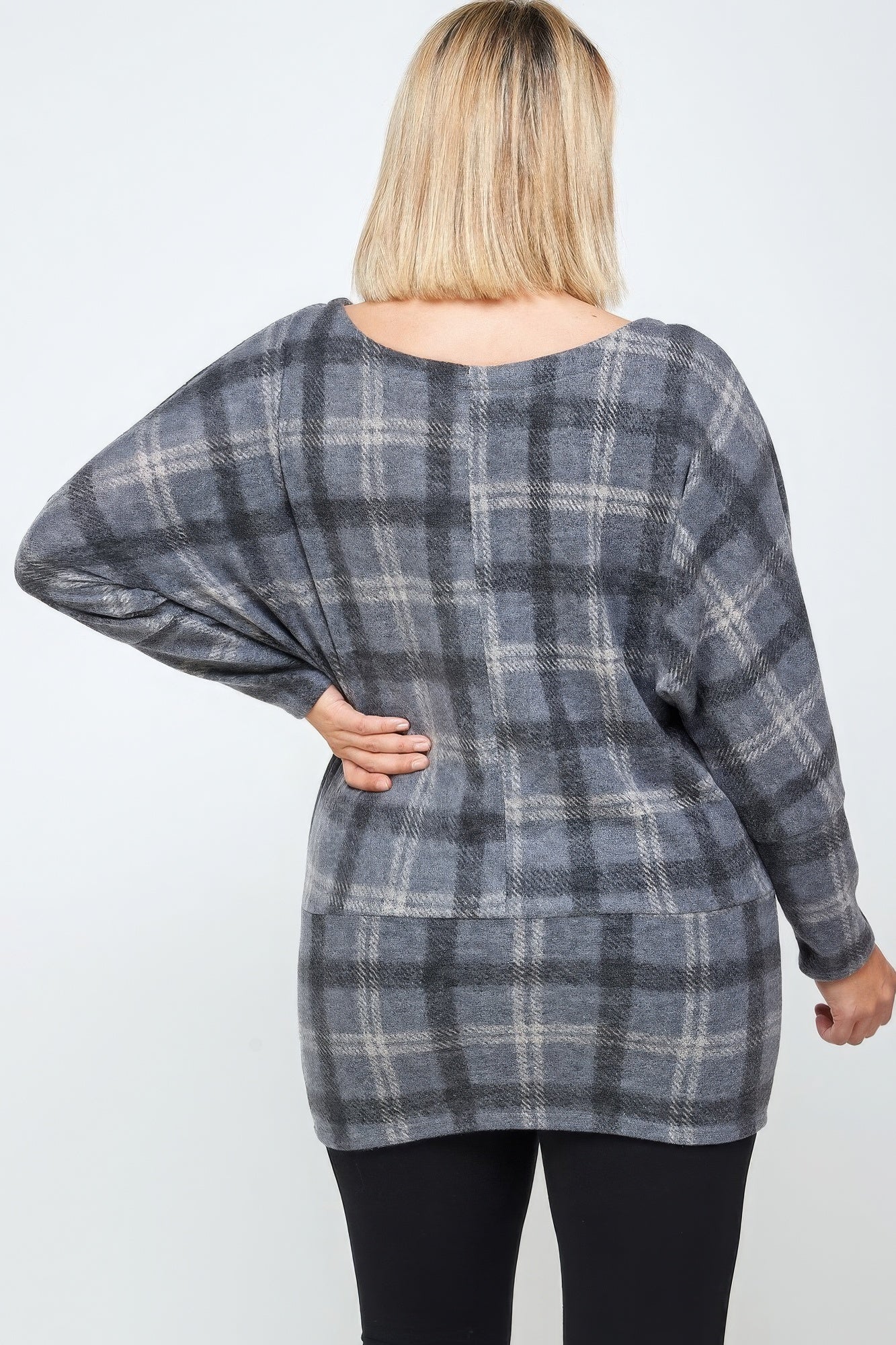 Boat Neck, Plaid Print Tunic Top, With Long Dolman Sleeves product image