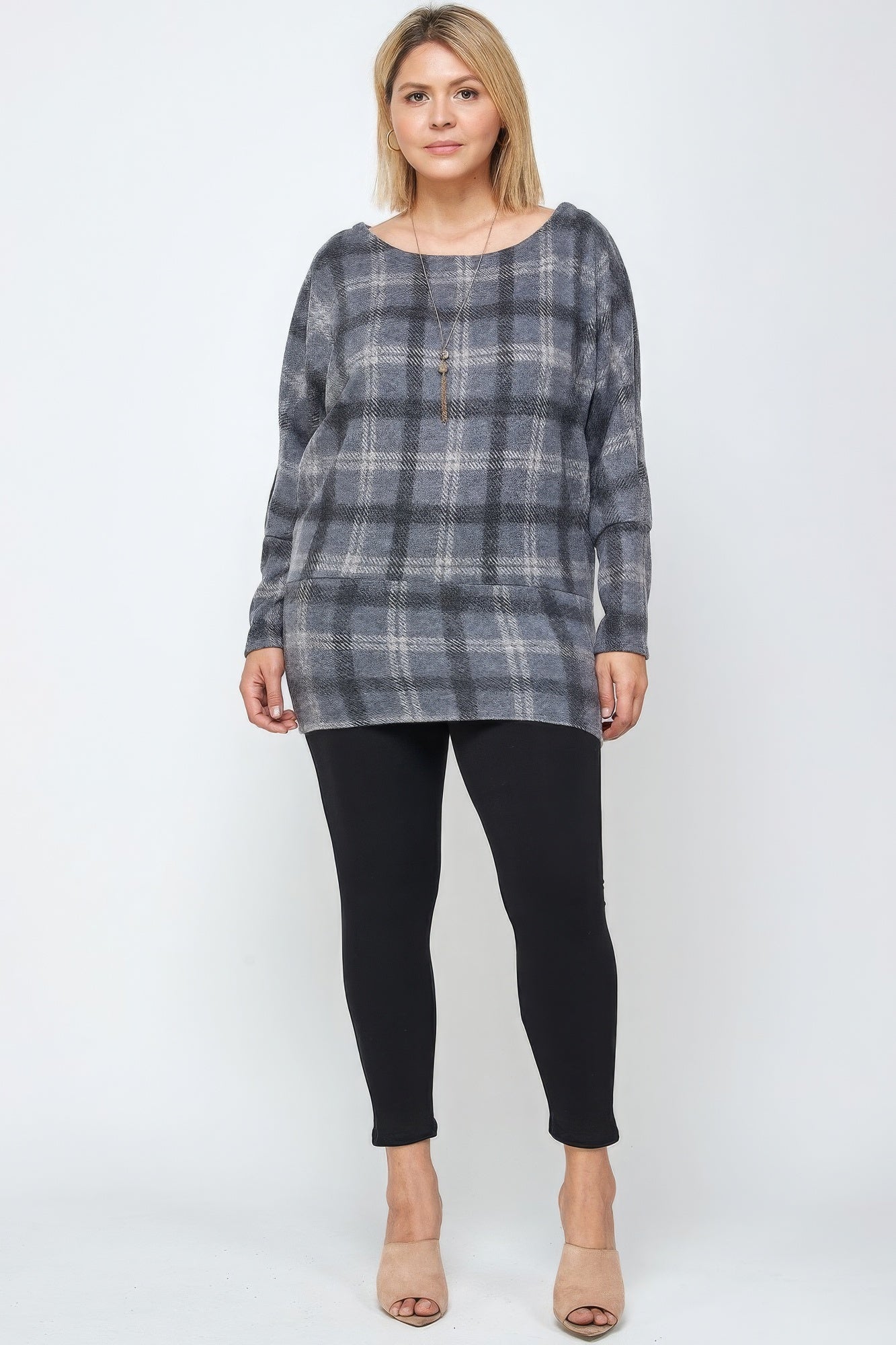 Boat Neck, Plaid Print Tunic Top, With Long Dolman Sleeves product image