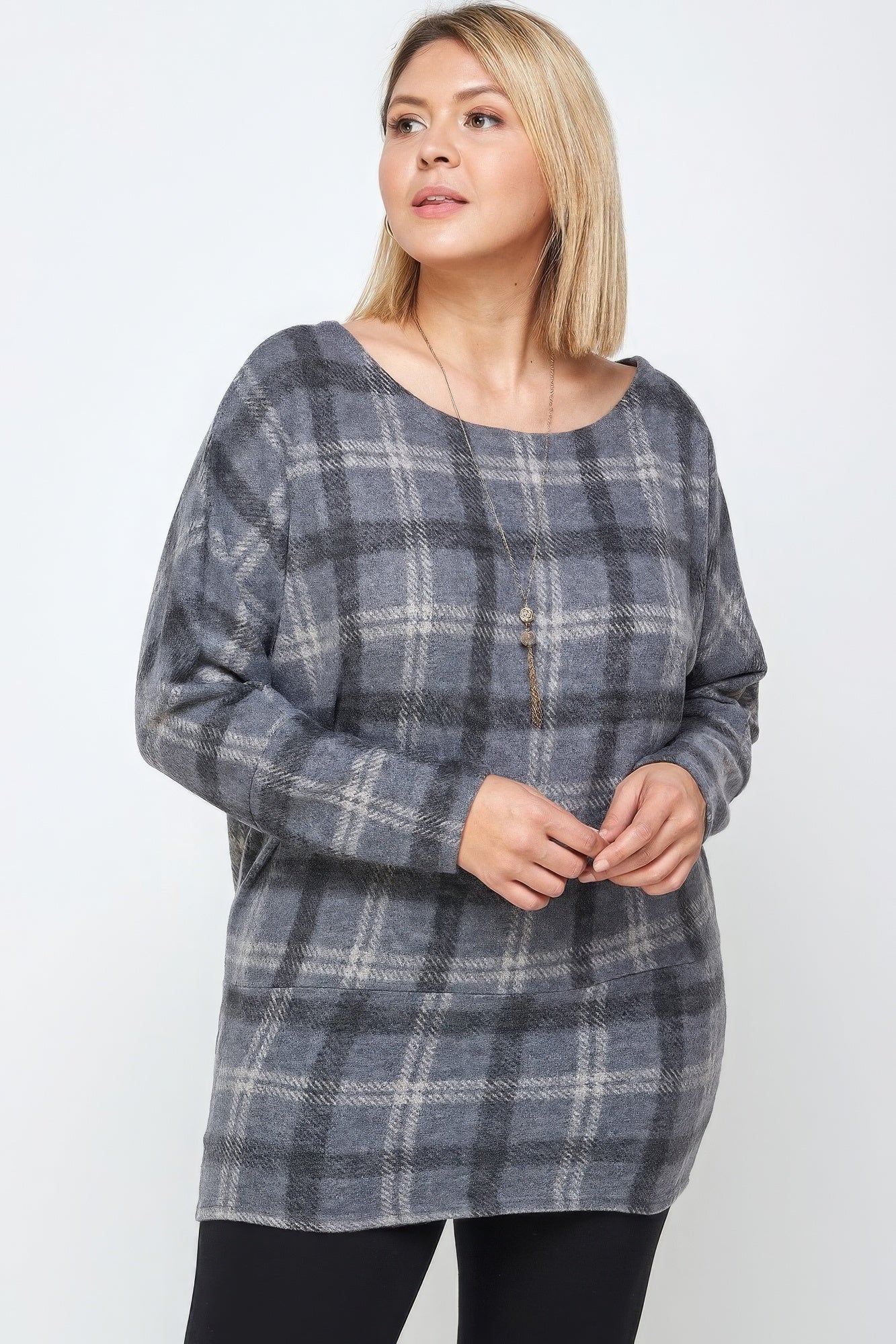 Boat Neck, Plaid Print Tunic Top, With Long Dolman Sleeves product image