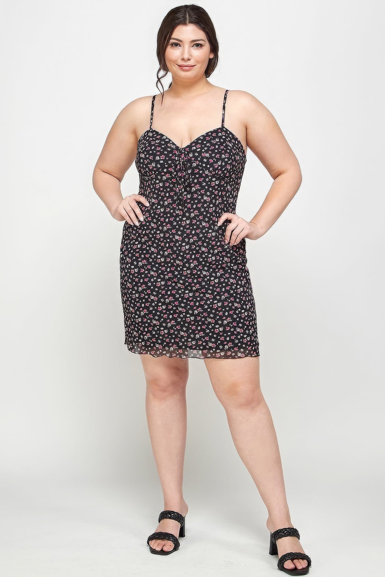 Plus Size Ditsy Floral Print On Mesh Fabric Cami Dress product image