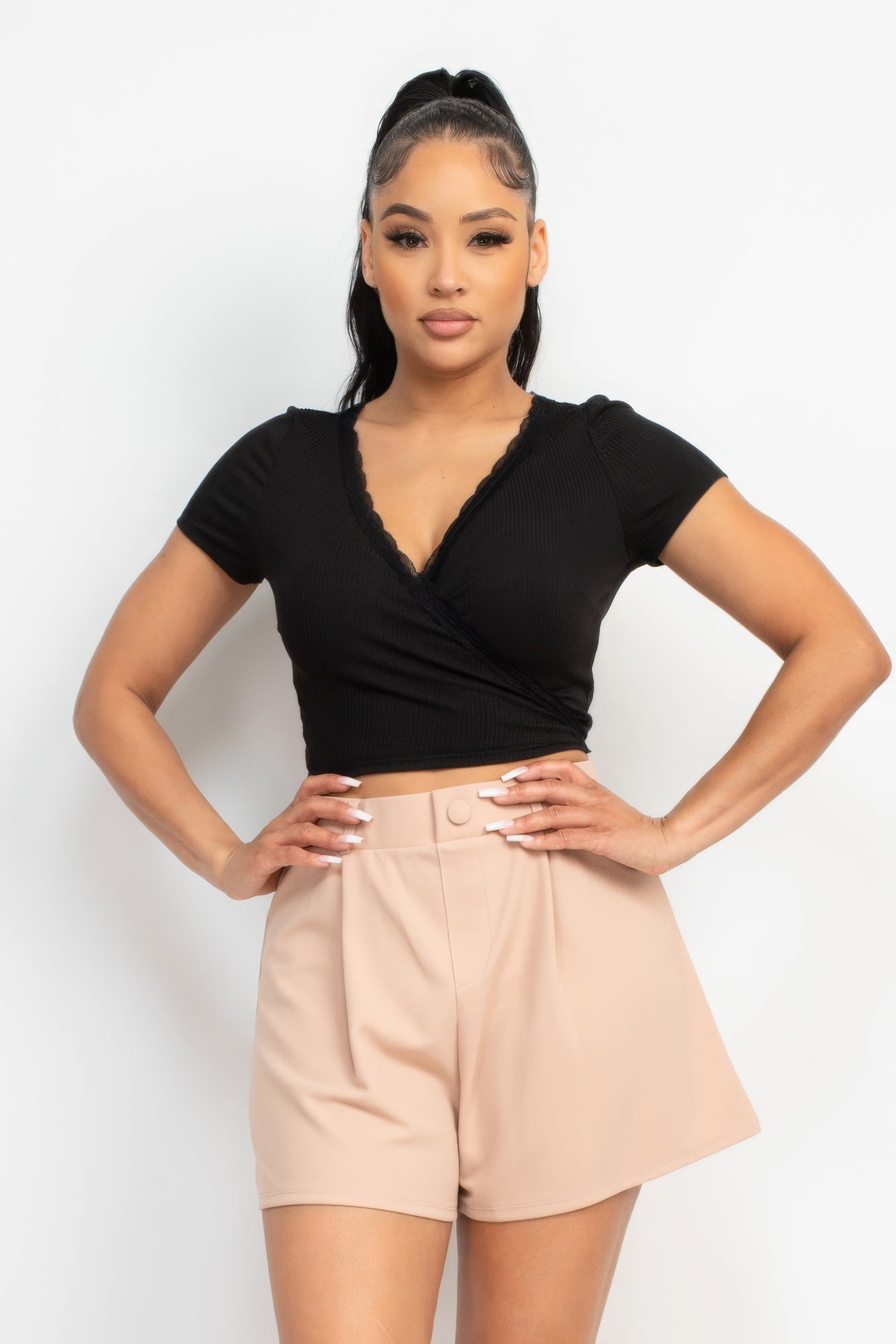 Wrap Surplice Lace Trim Top Wrap Surplice Lace Trim Top - TopFashionHQ