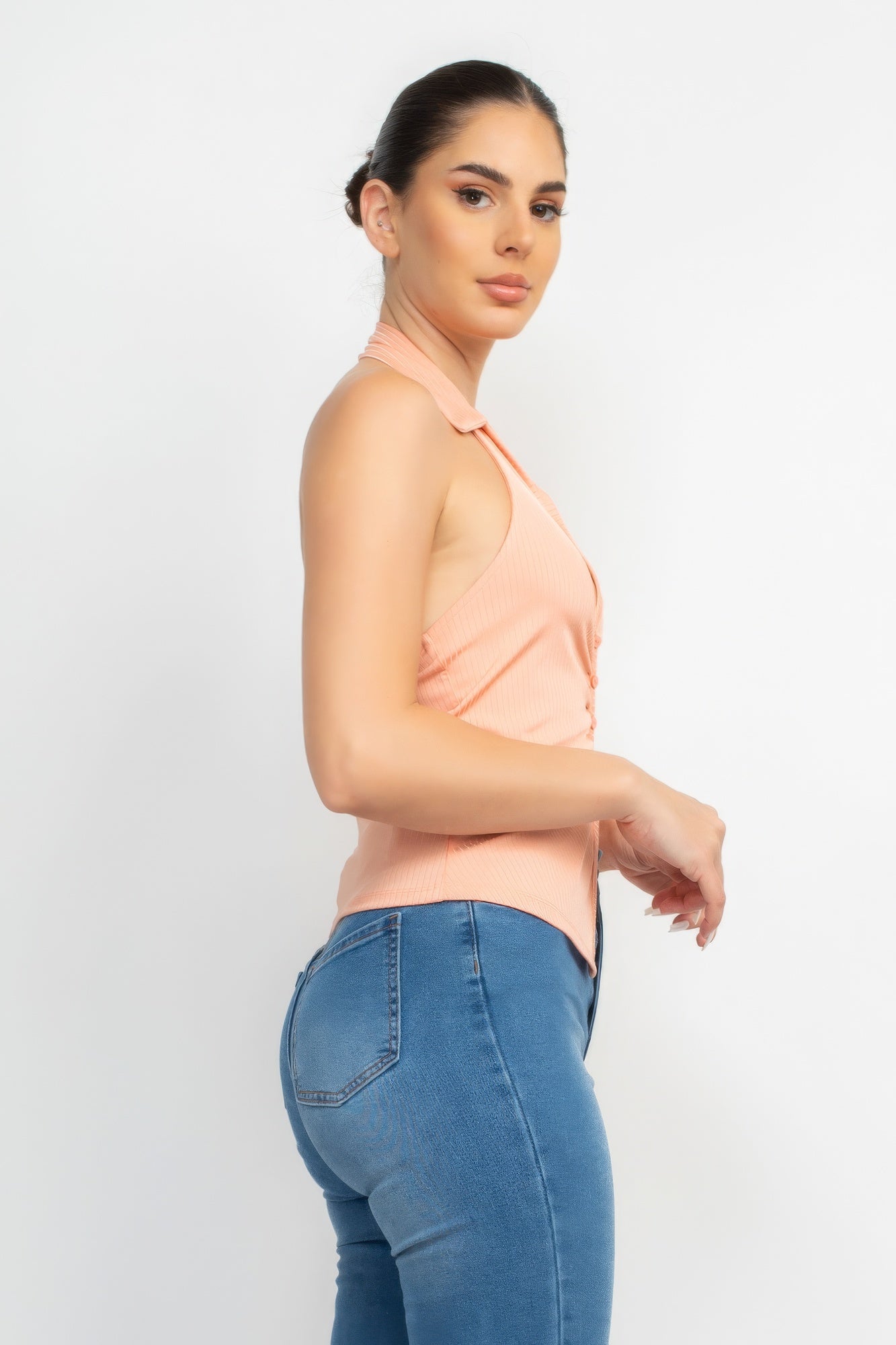 Collared Halter Open Back Top Collared Halter Open Back Top - TopFashionHQ