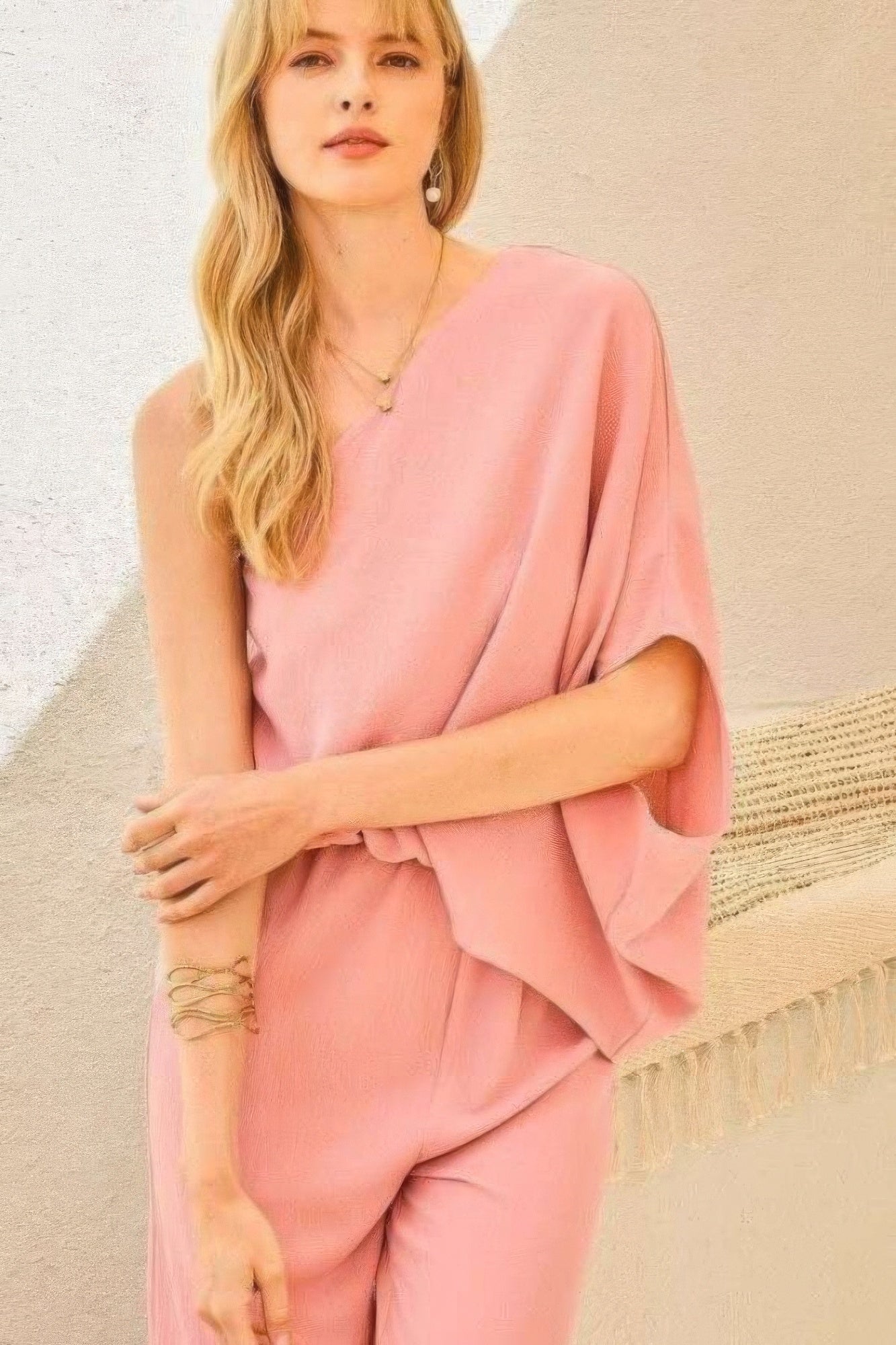 One Shoulder 3/4 Sleeve Unbalanced Waist Elastic Solid Pants Jumpsuit product image