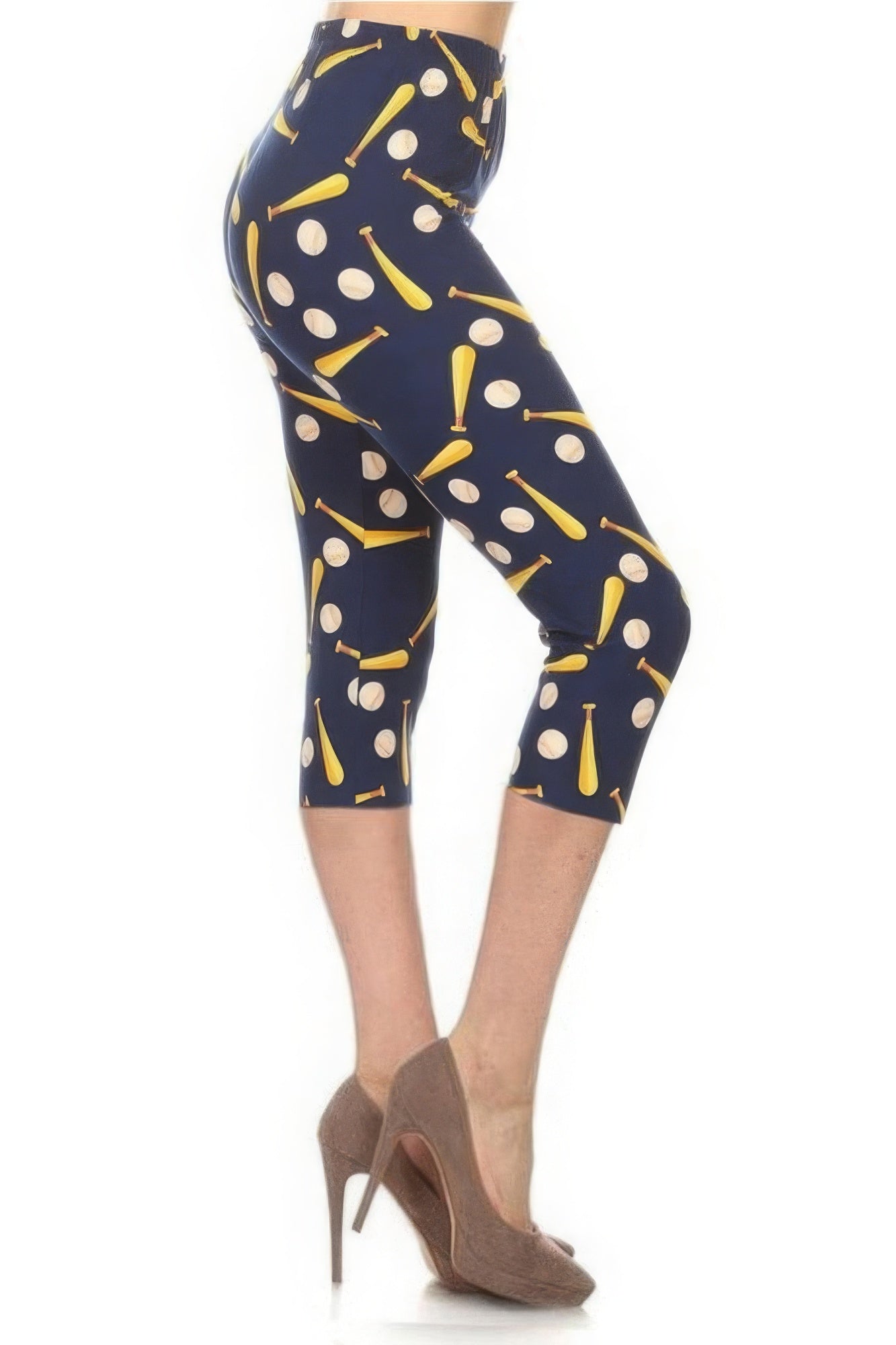 Baseball Printed, High Waisted Capri Leggings In A Fitted Style With An Elastic Waistband product image