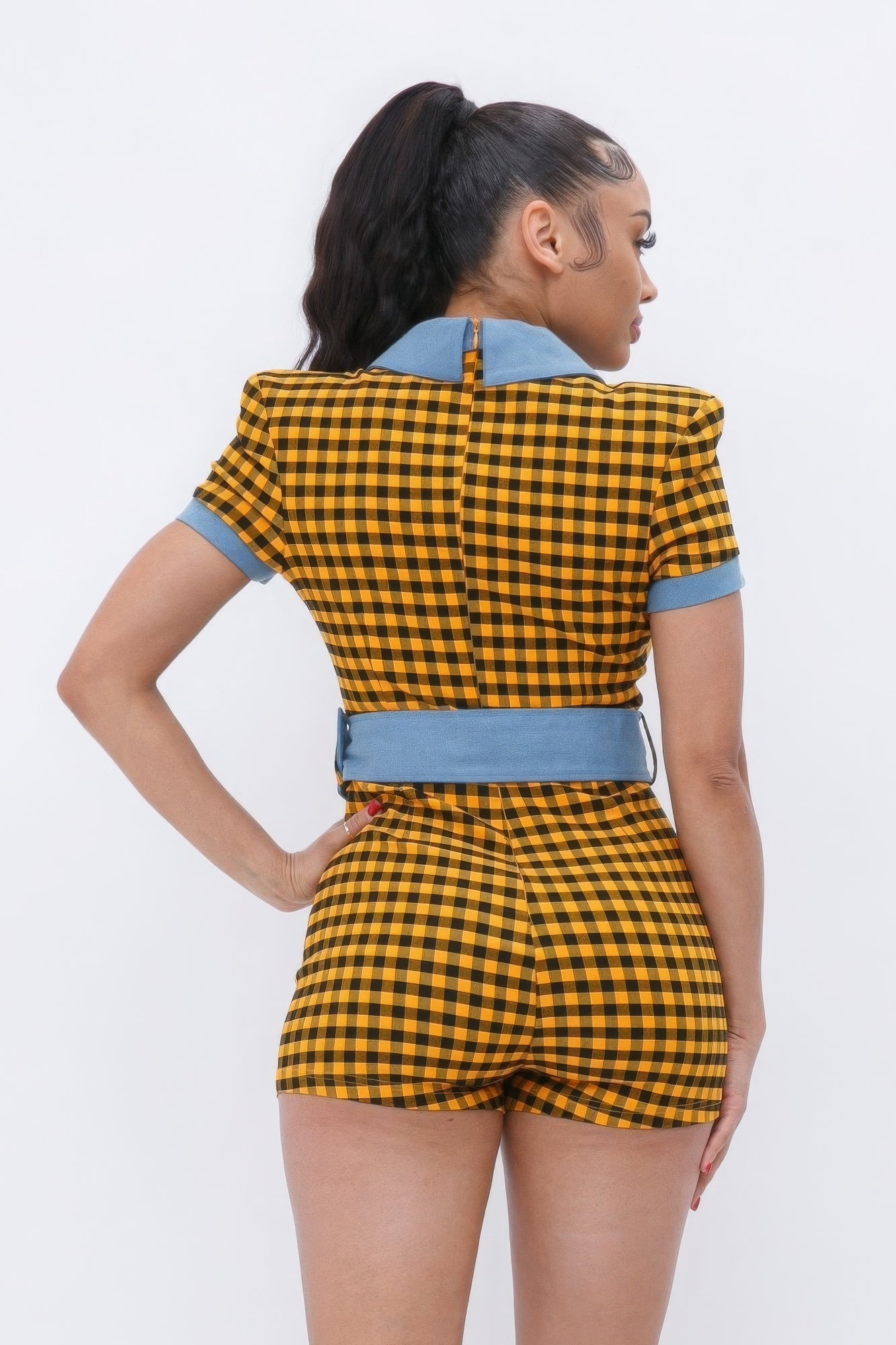 Plaid Print Denim Romper product image