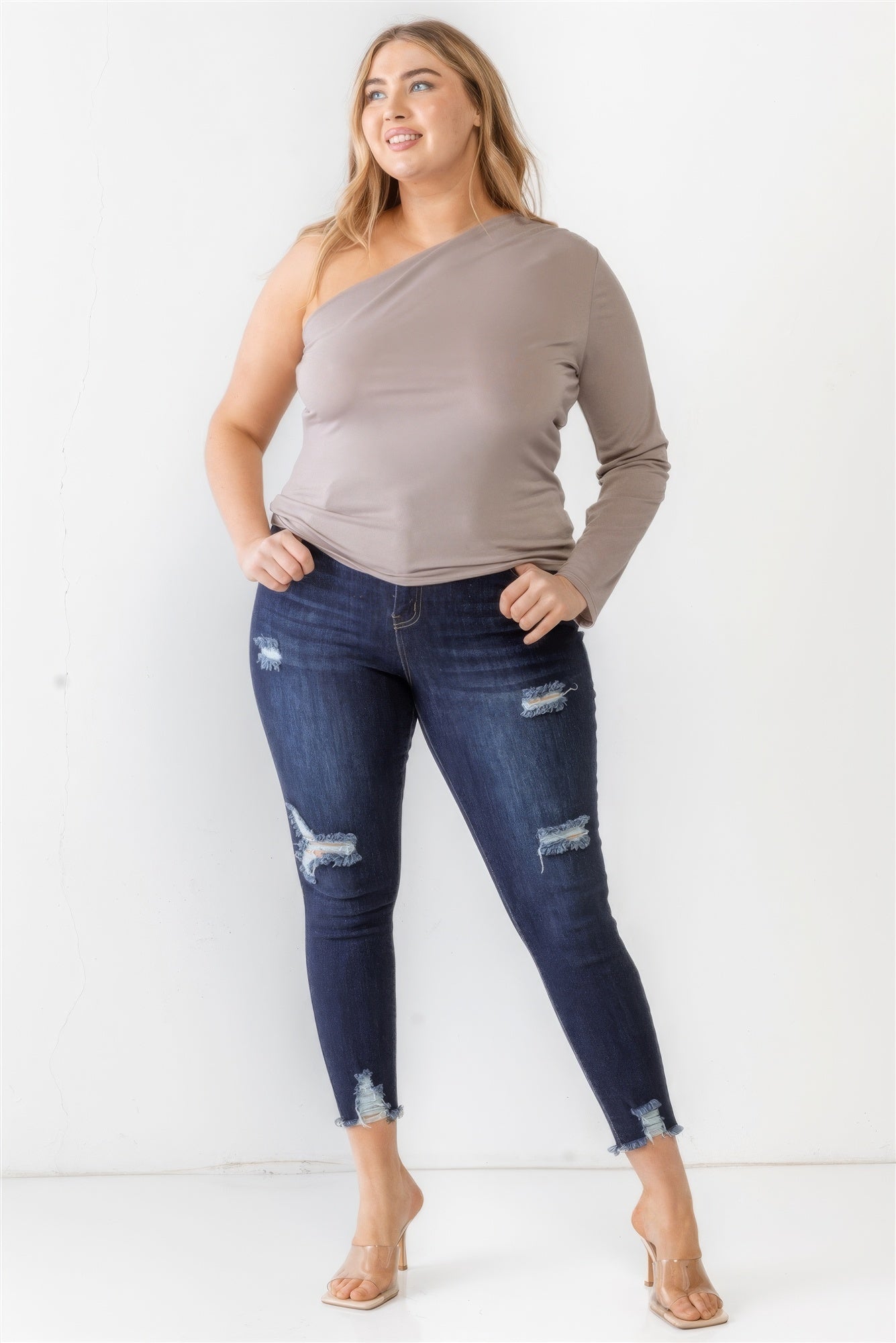 Plus Mocha Textured One Shoulder Top product image