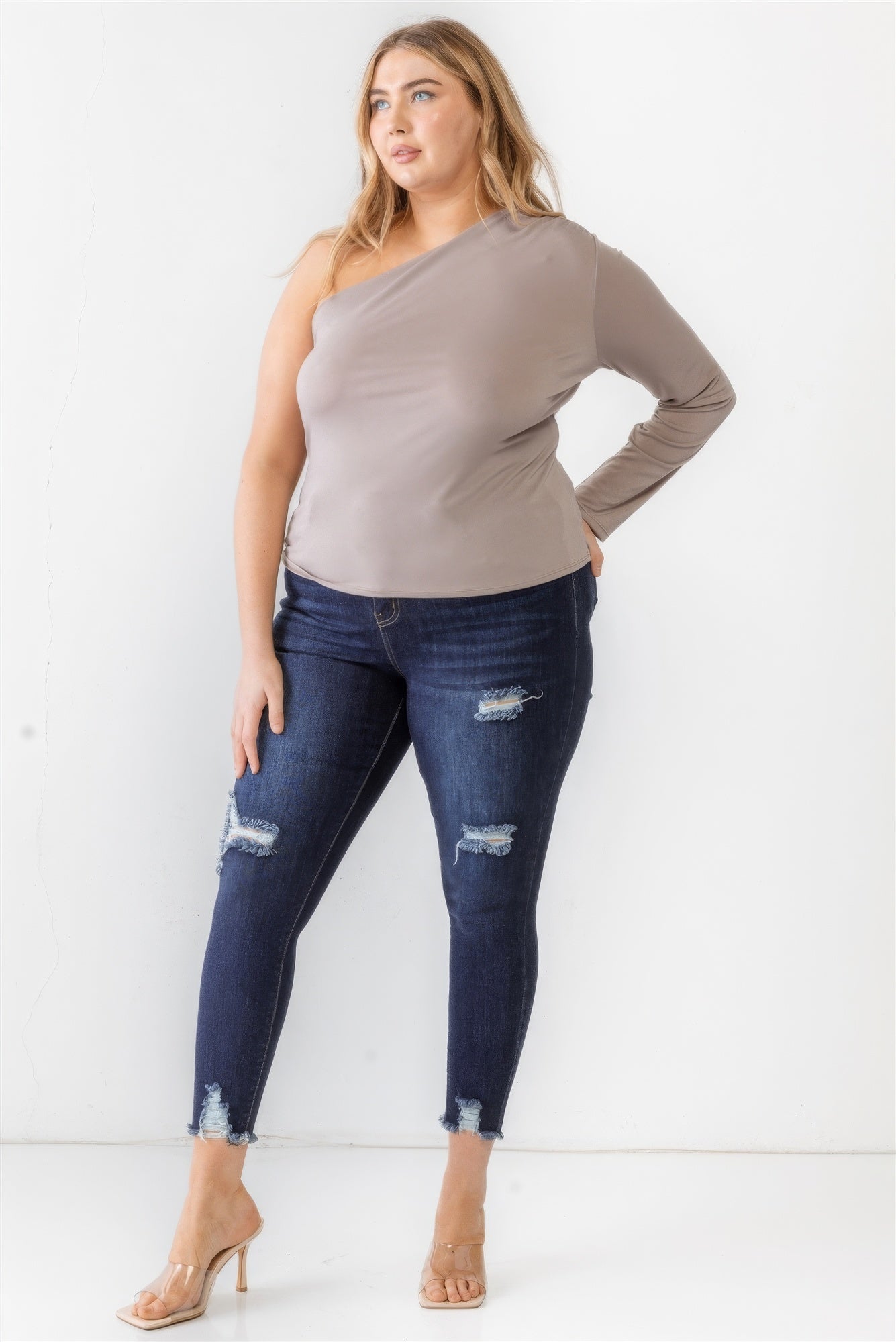 Plus Mocha Textured One Shoulder Top product image