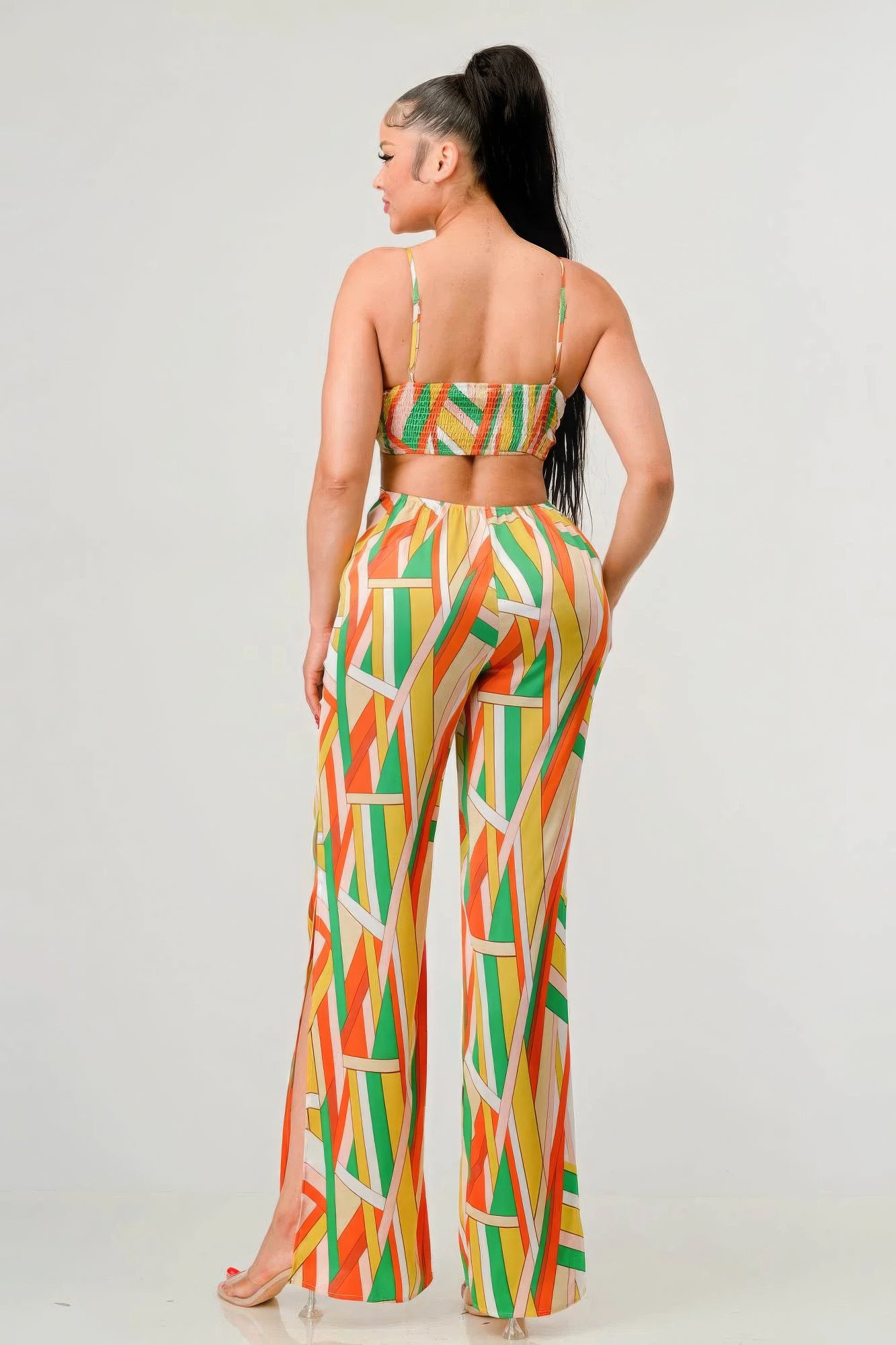 Luxe geo print satin bra top and palazzo jumpsuit product image