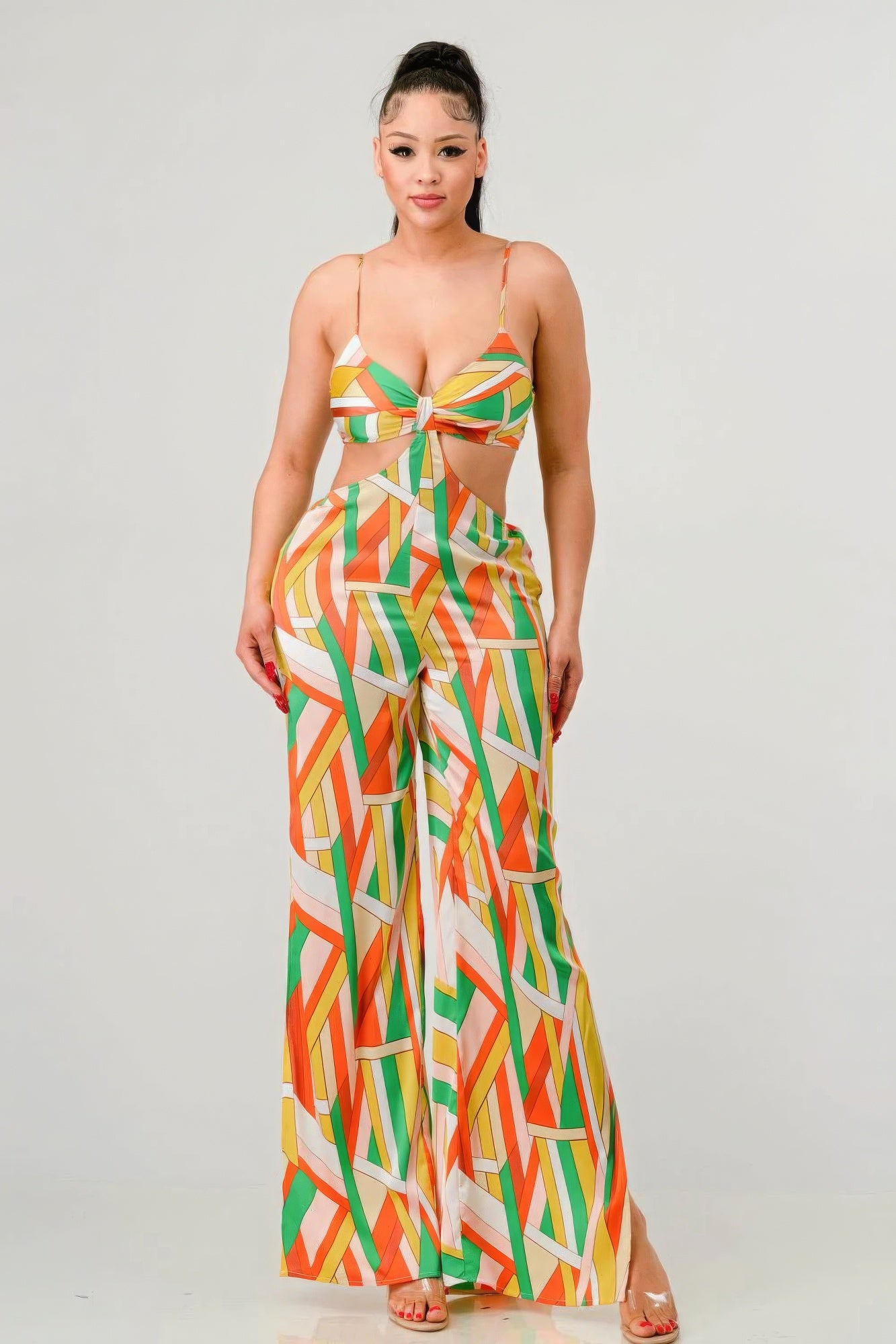 Luxe geo print satin bra top and palazzo jumpsuit product image